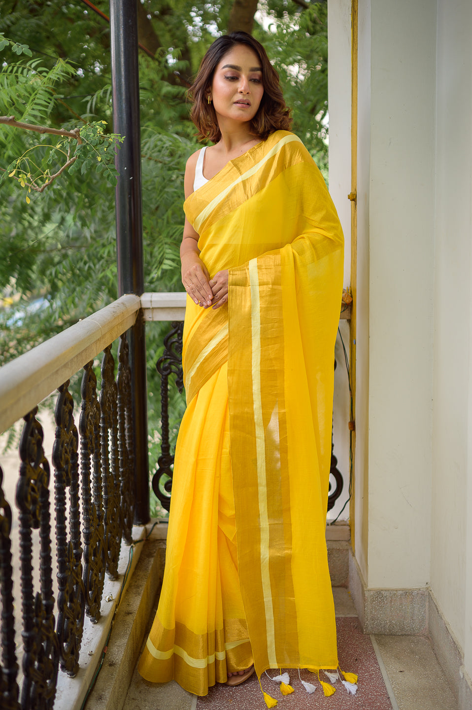 Classic Yellow Mulmul Cotton Saree