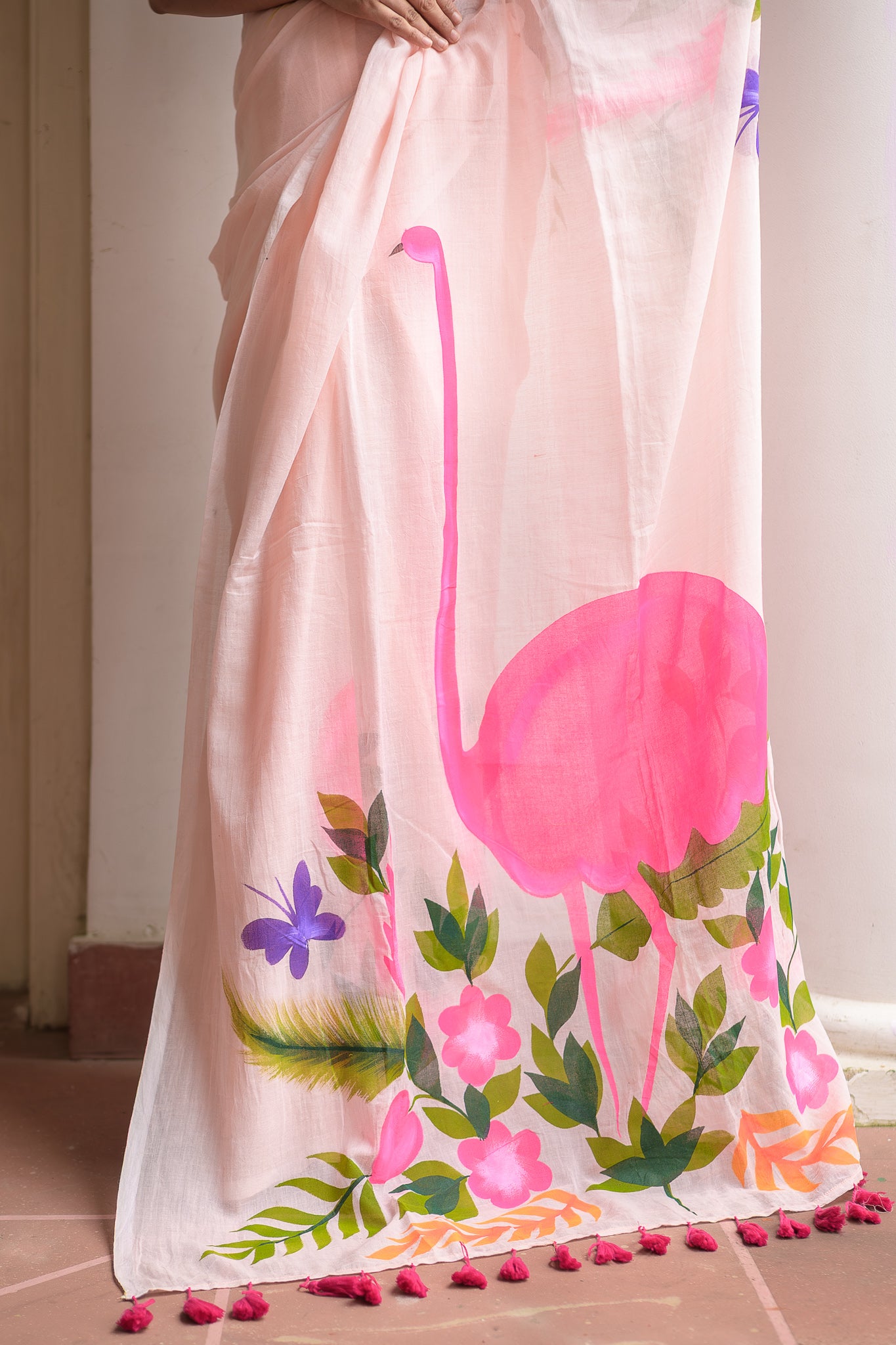 Hand Painted Flamingo Mulmul Cotton Saree