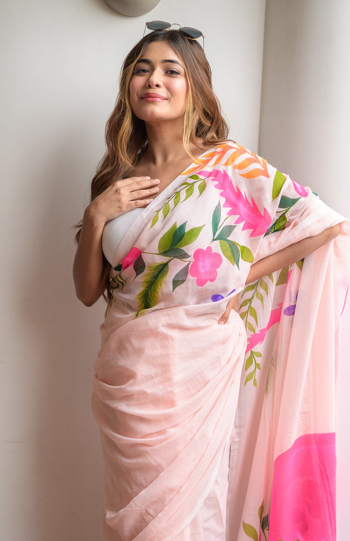 Hand Painted Flamingo Mulmul Cotton Saree