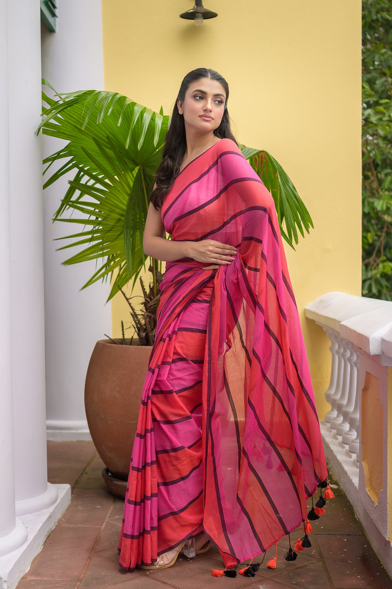 Pink Orange Mulmul Cotton Saree