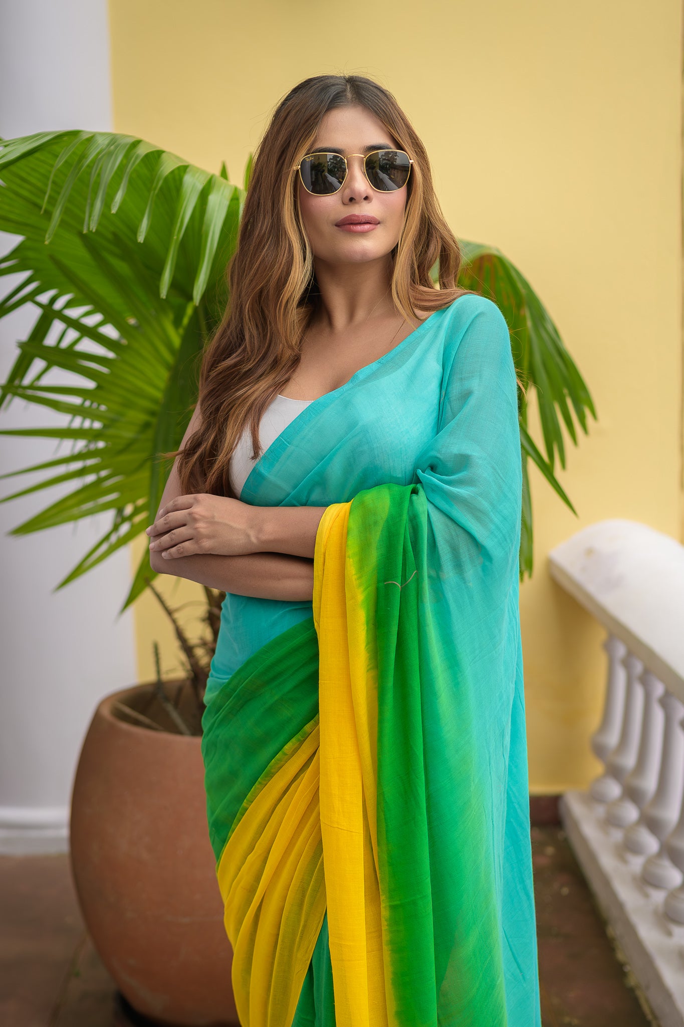 Green Yellow Tie Dye Mulmul Cotton Saree