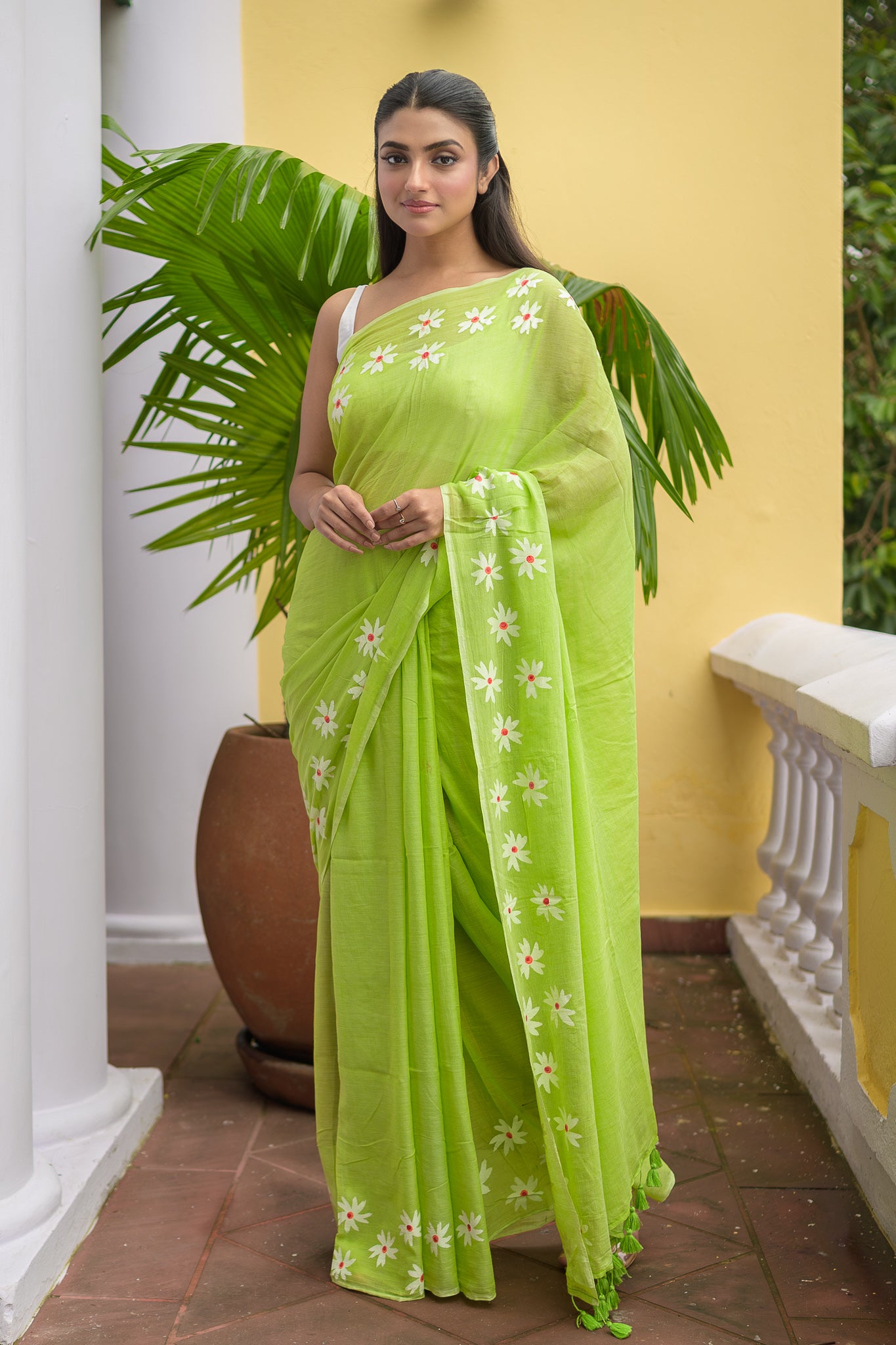 Hand Painted Green Mulmul Cotton Saree