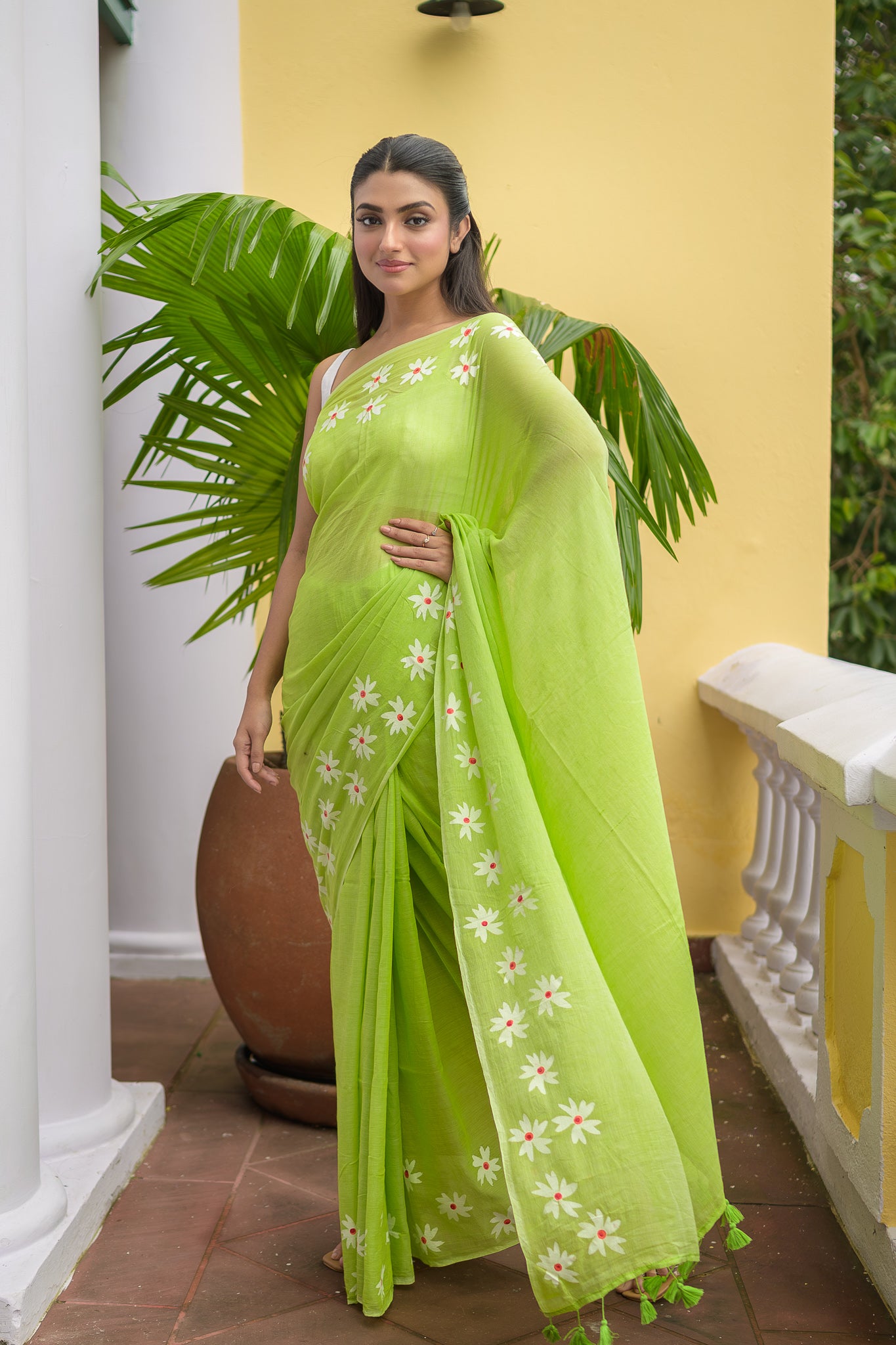 Hand Painted Green Mulmul Cotton Saree