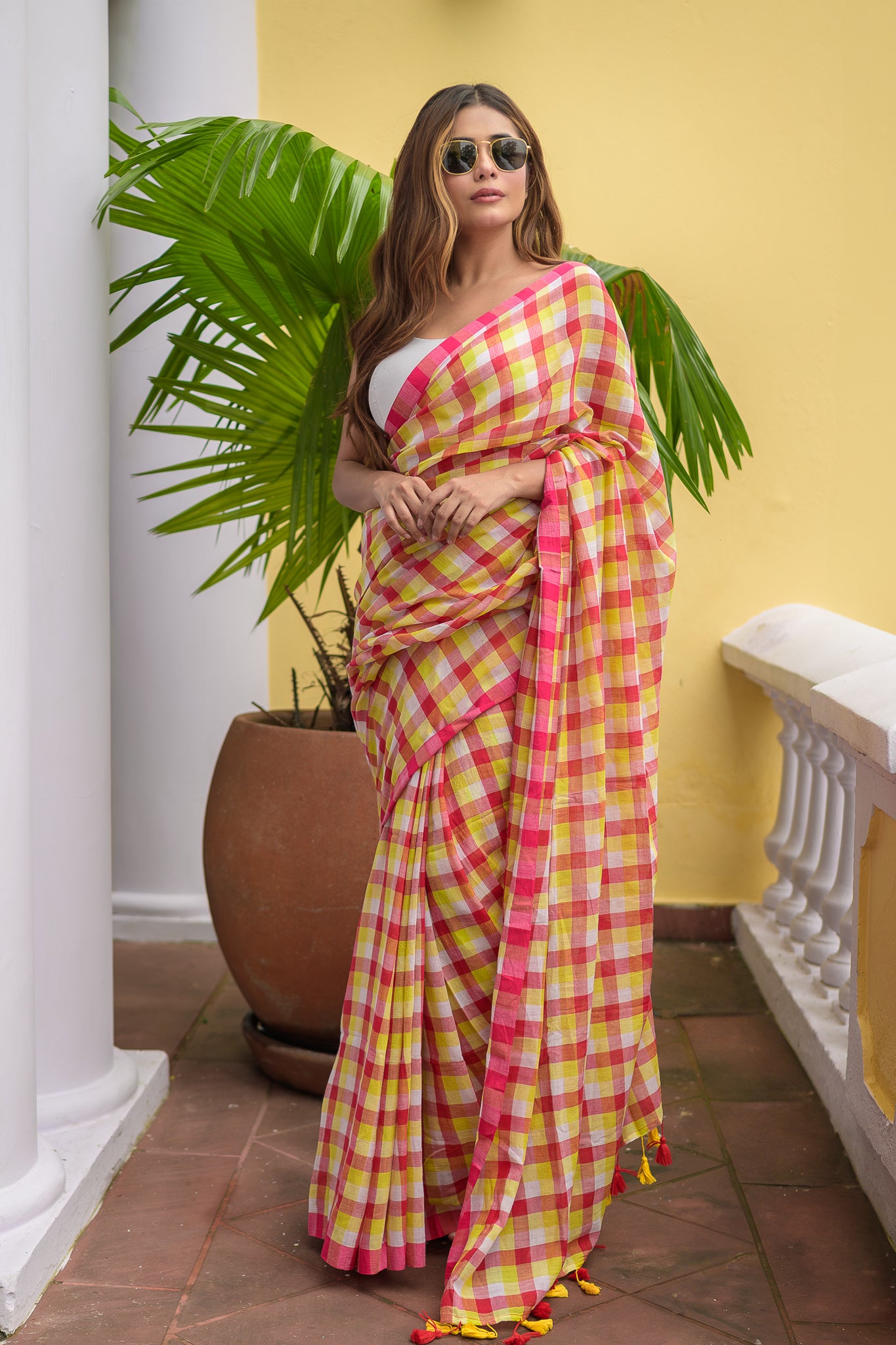 Gingham Mulmul Cotton Saree