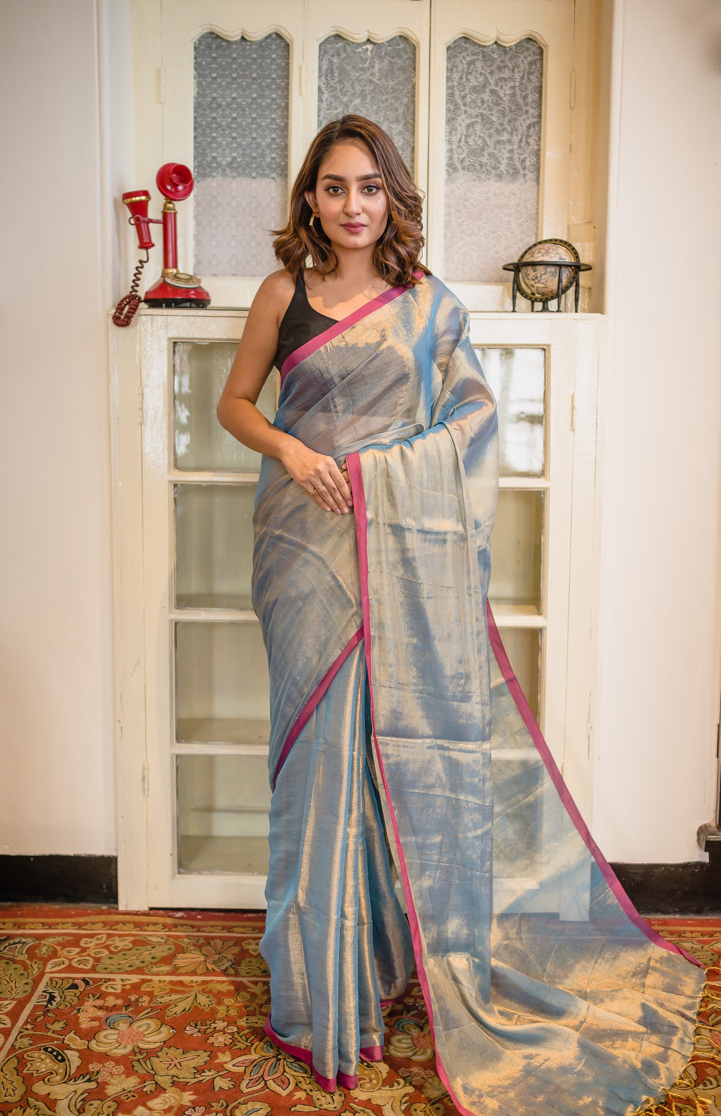 Blue And Golden Tissue Saree