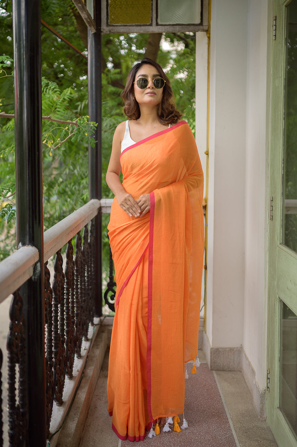 Orange And Pink Mulmul Cotton Saree