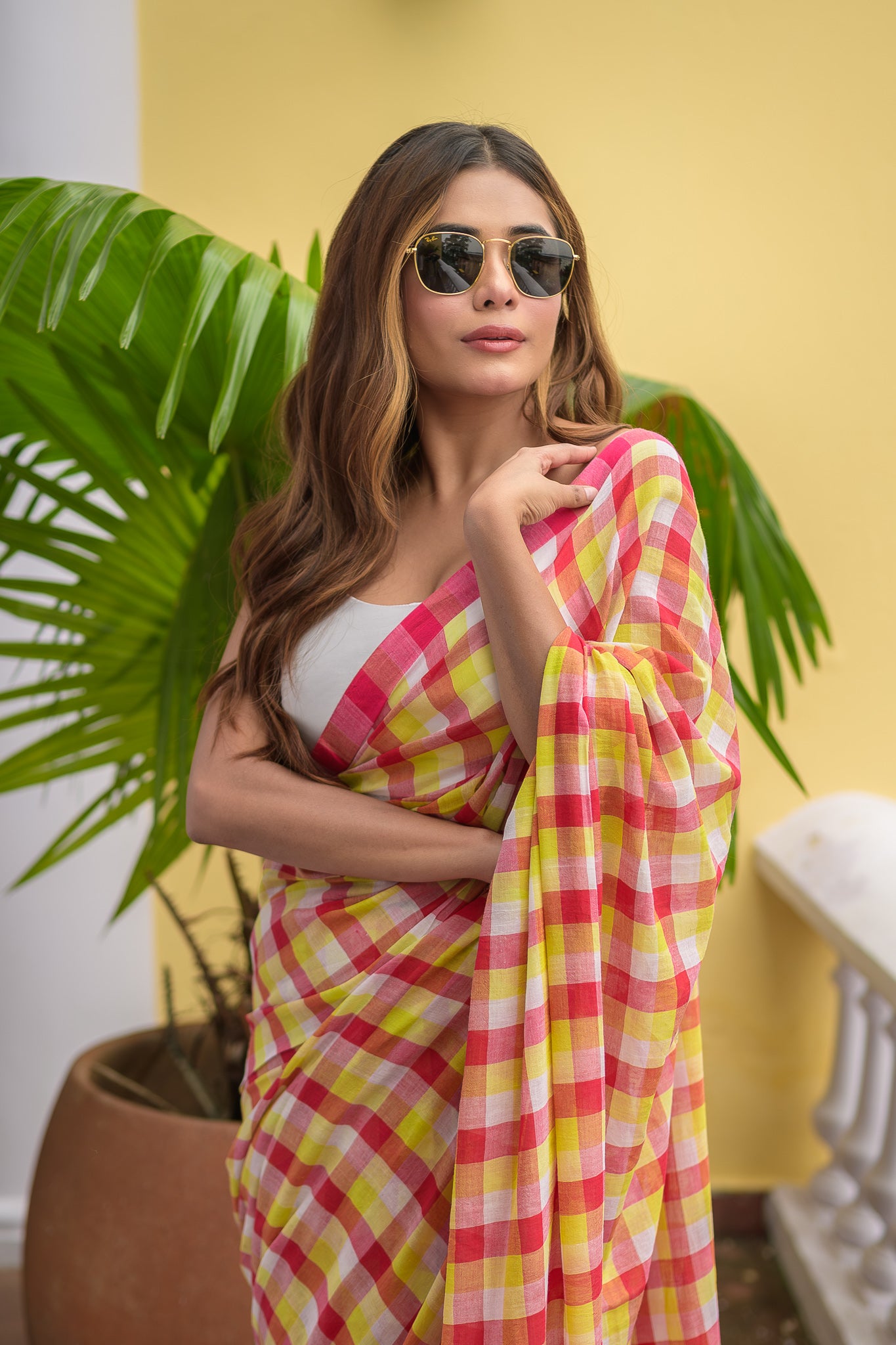 Gingham Mulmul Cotton Saree