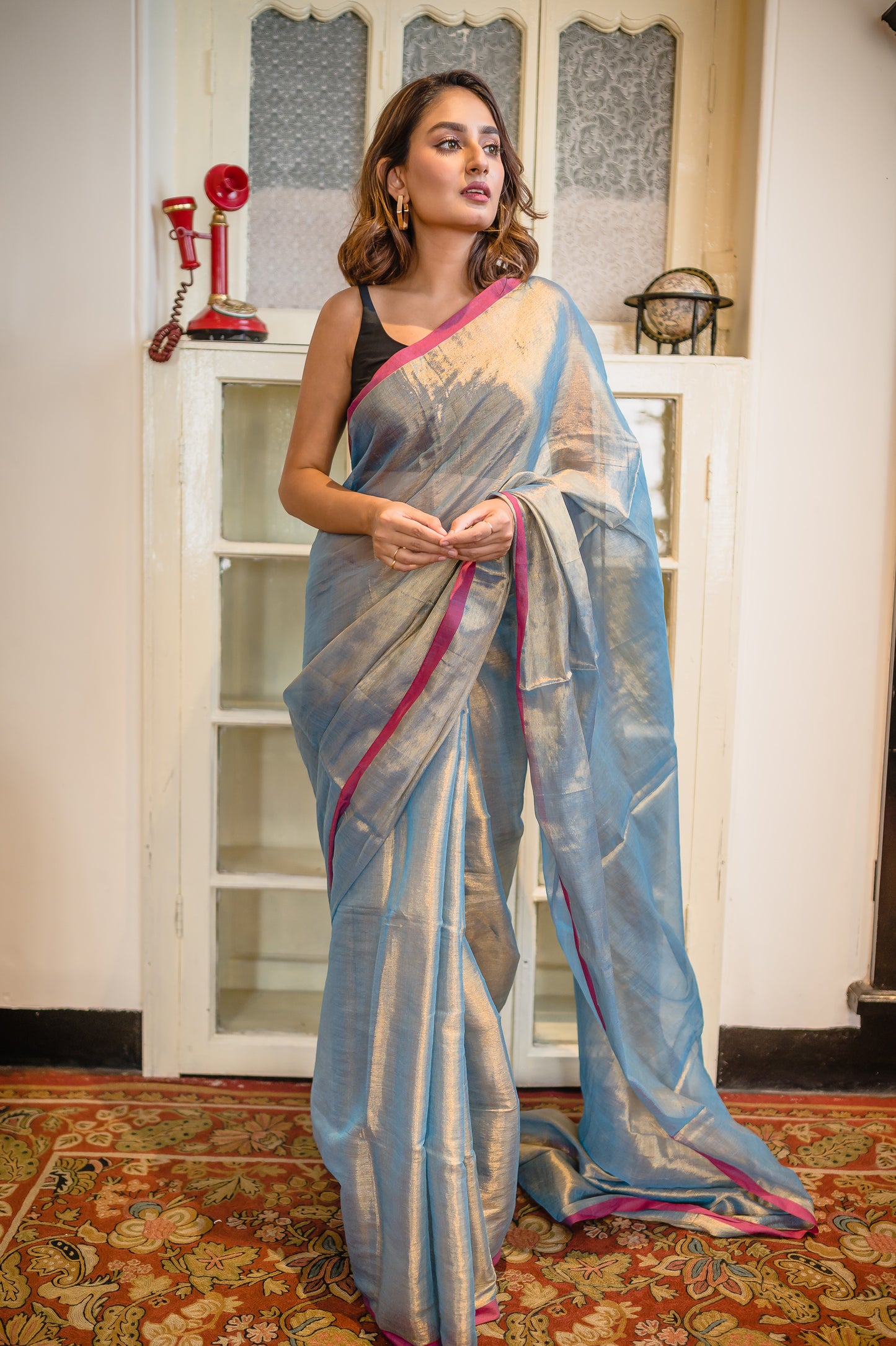 Blue And Golden Tissue Saree