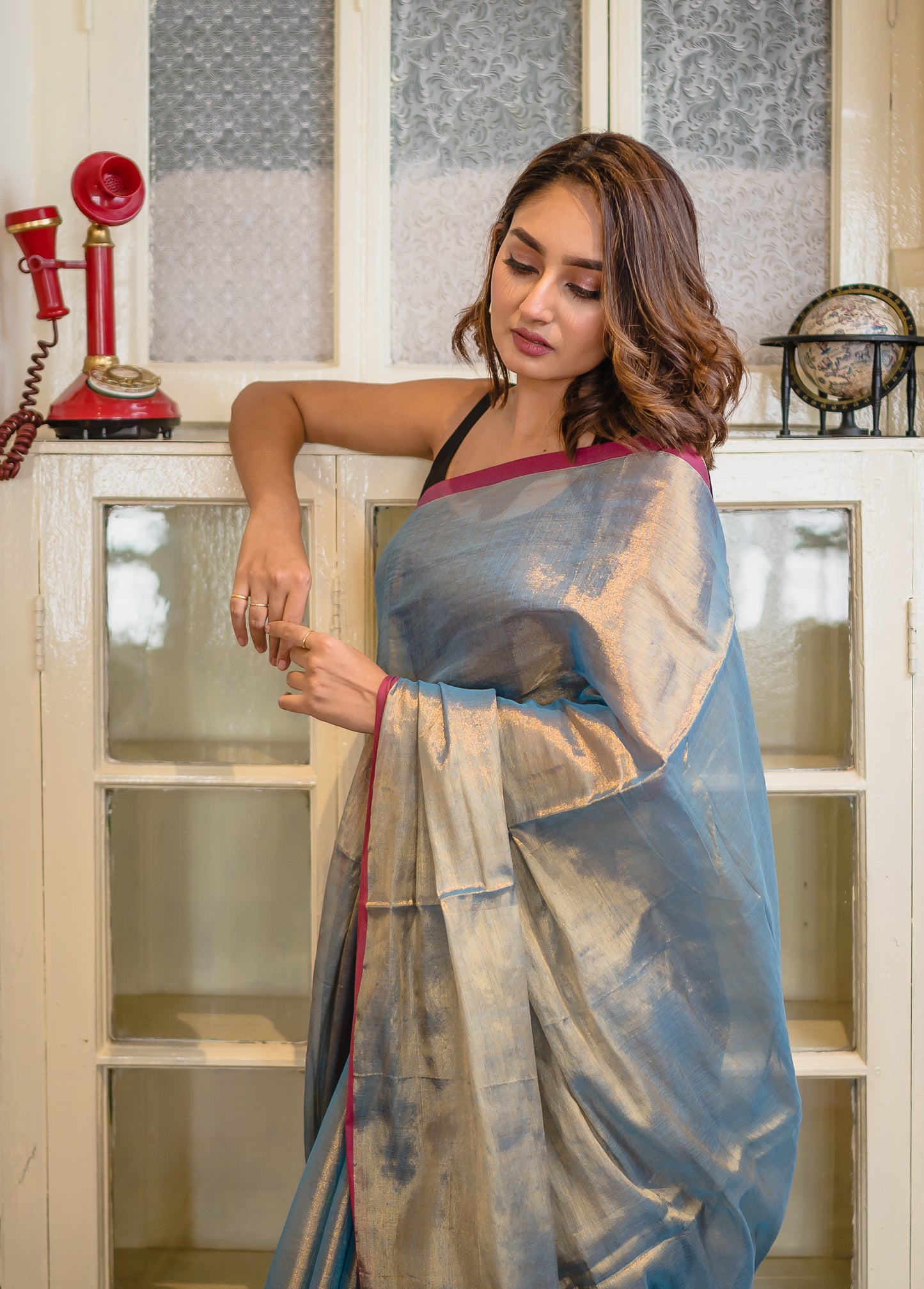Blue And Golden Tissue Saree