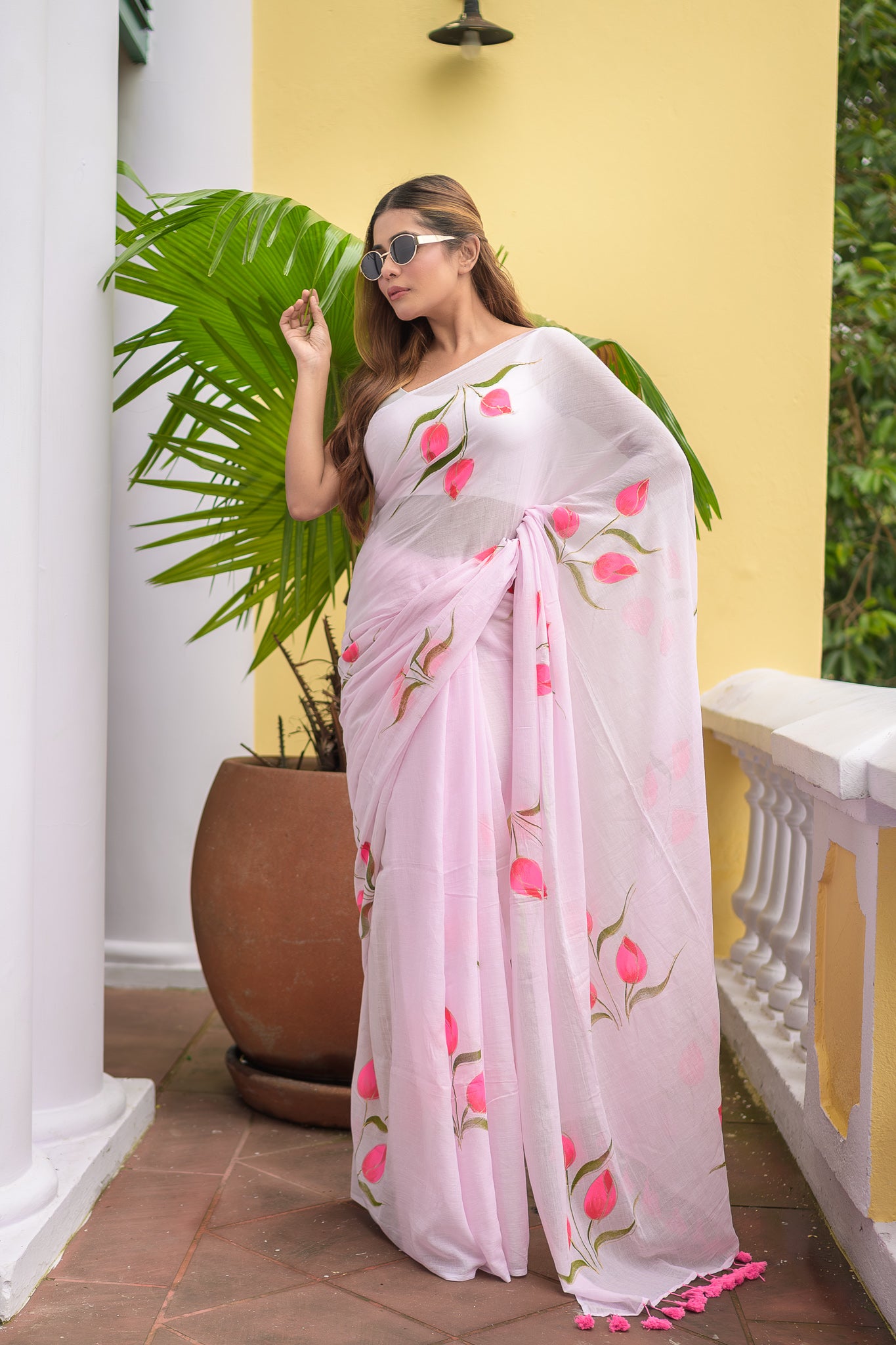 Hand Painted Baby Pink Mulmul Cotton Saree