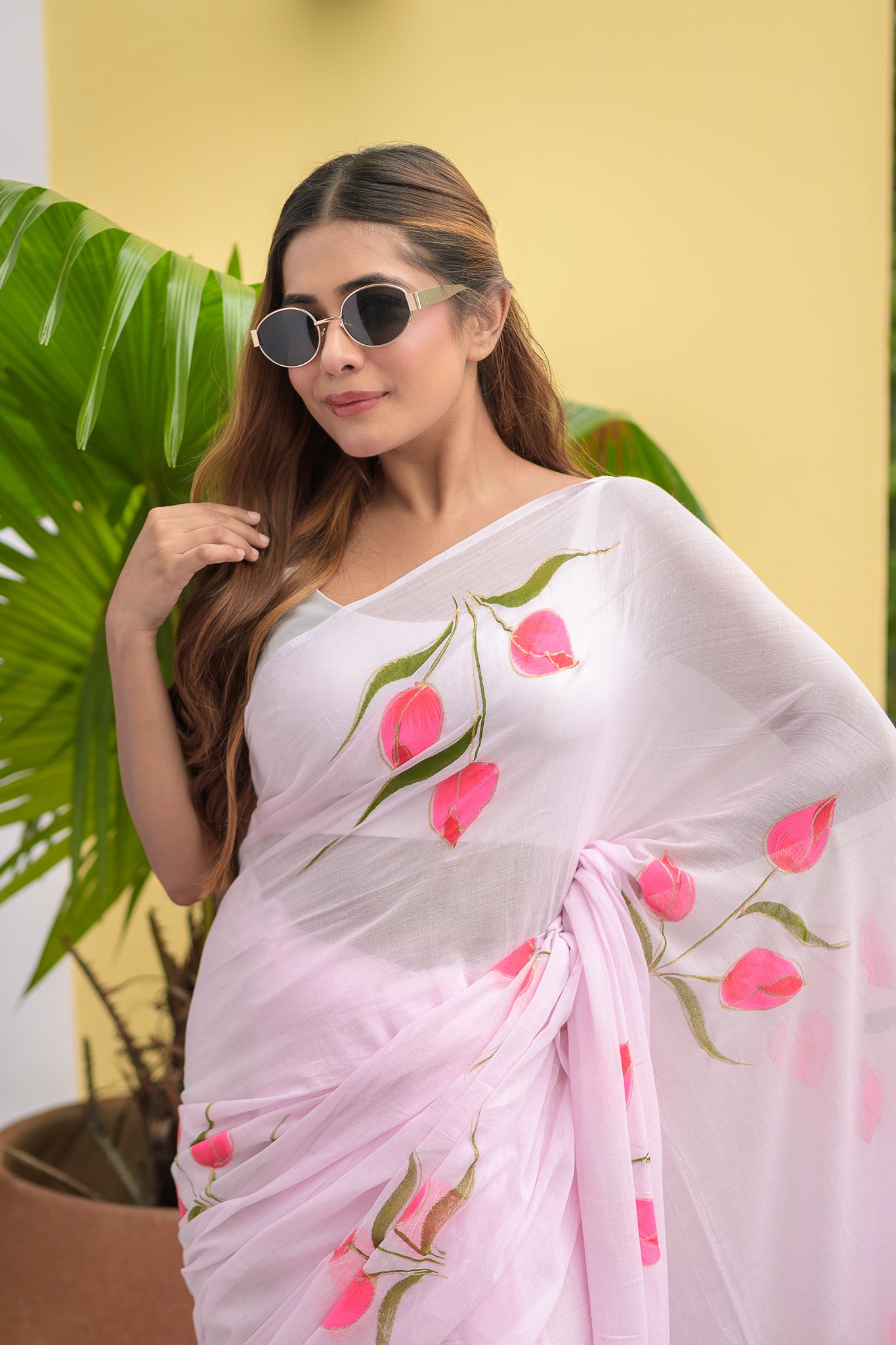 Hand Painted Baby Pink Mulmul Cotton Saree