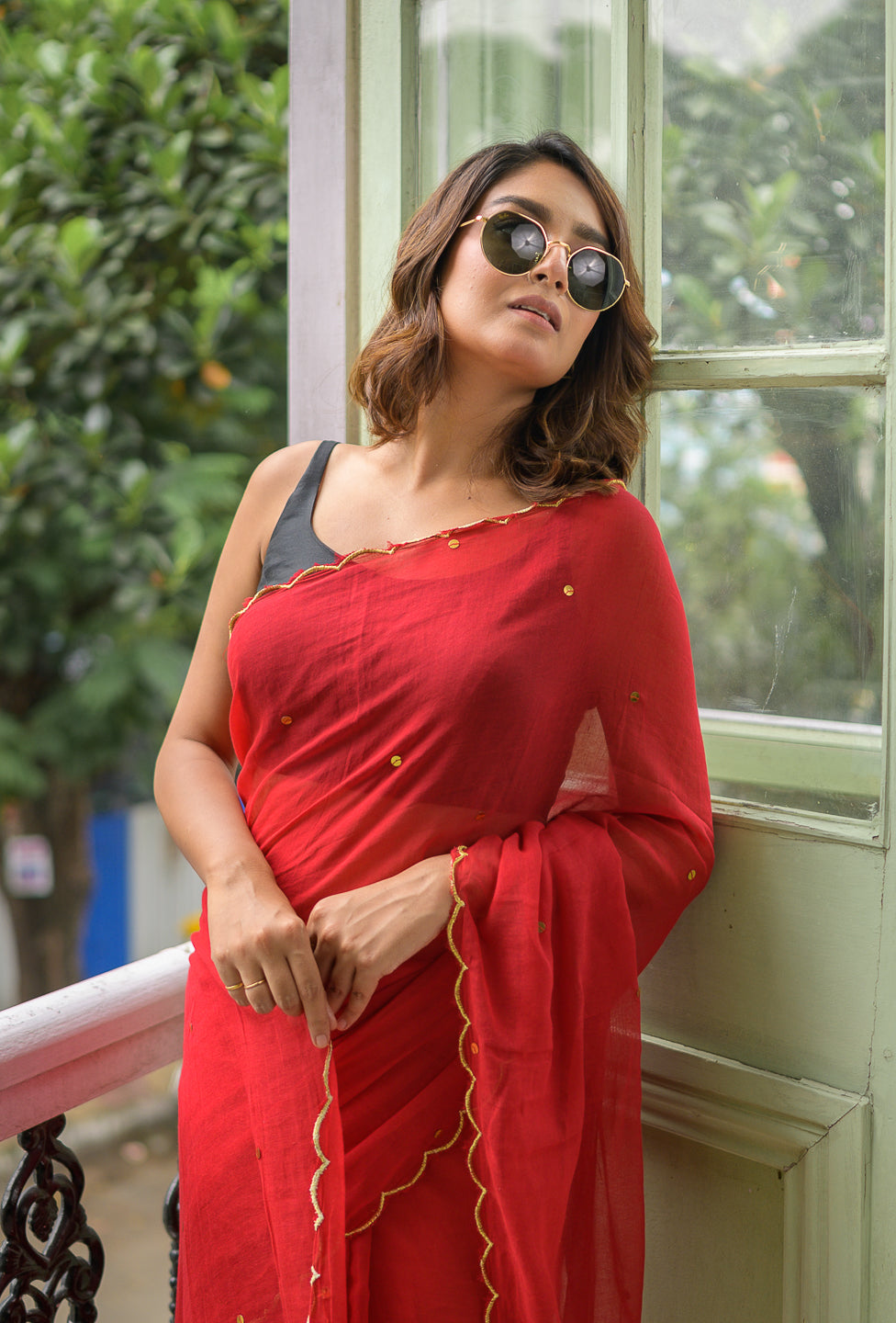 Classic Red Sequined Mulmul Cotton Saree