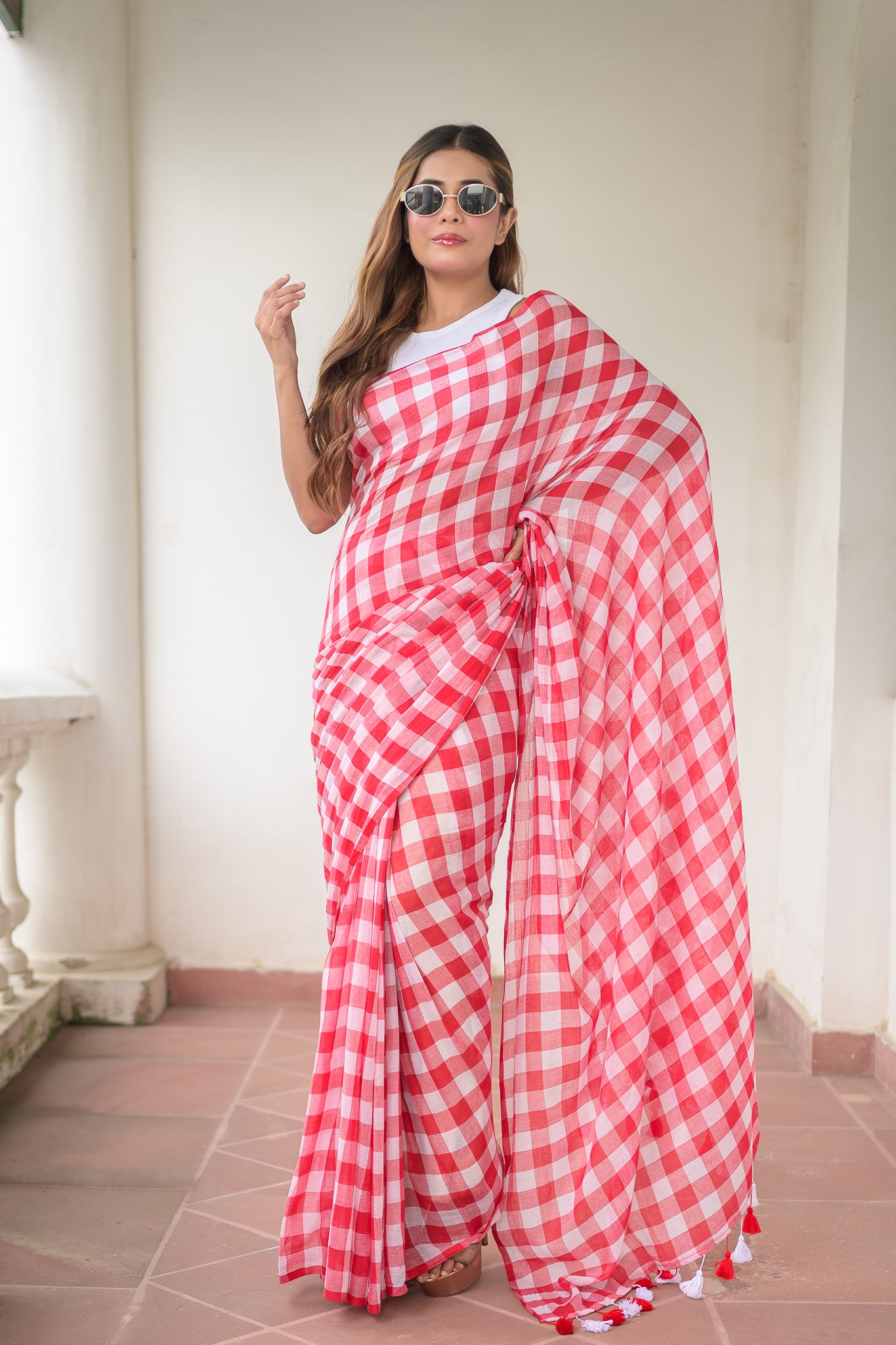 Gingham Red Mulmul Cotton Saree