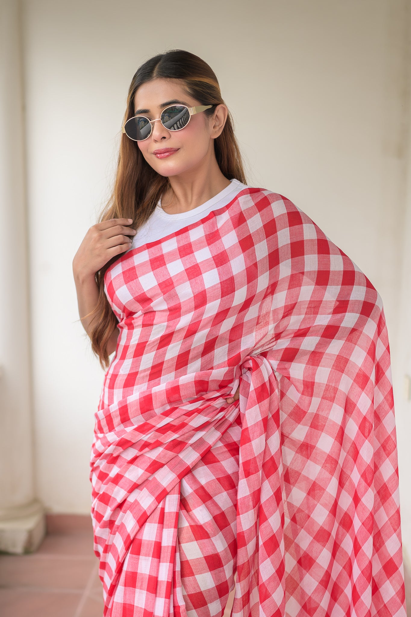 Gingham Red Mulmul Cotton Saree