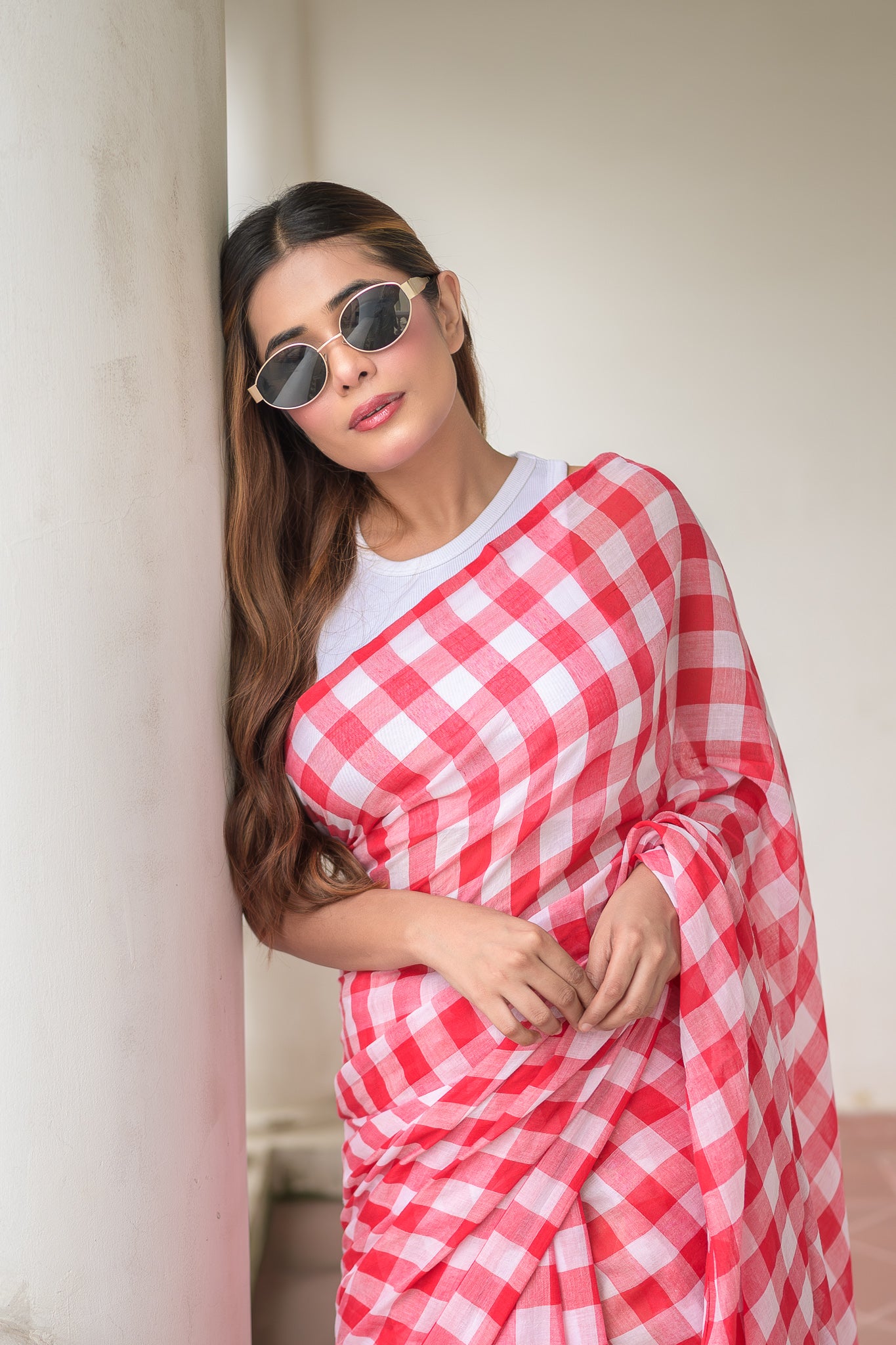 Gingham Red Mulmul Cotton Saree