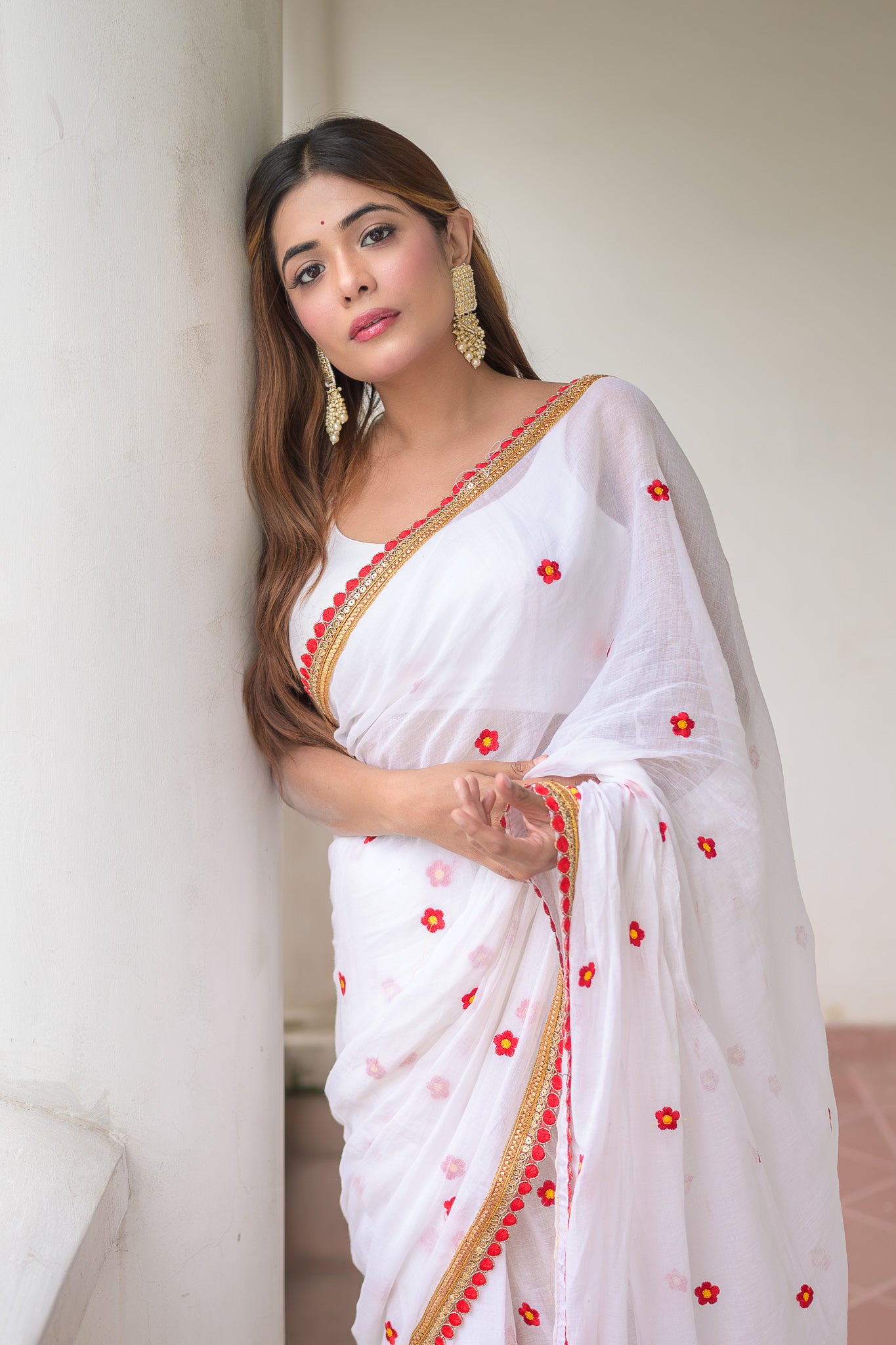 White And Red Embroidery Mulmul Cotton Saree