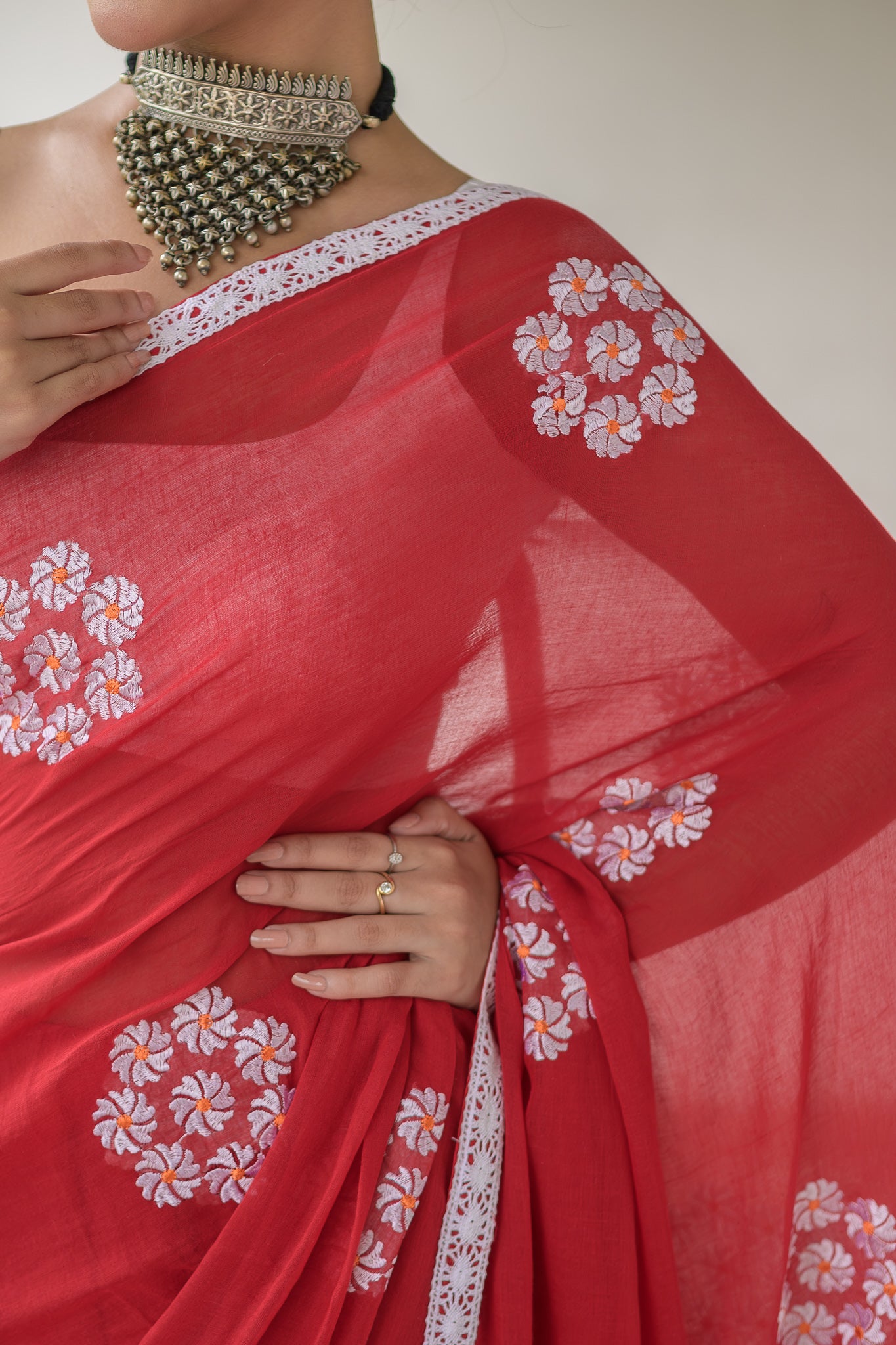 Red Siuli Mulmul Cotton Saree