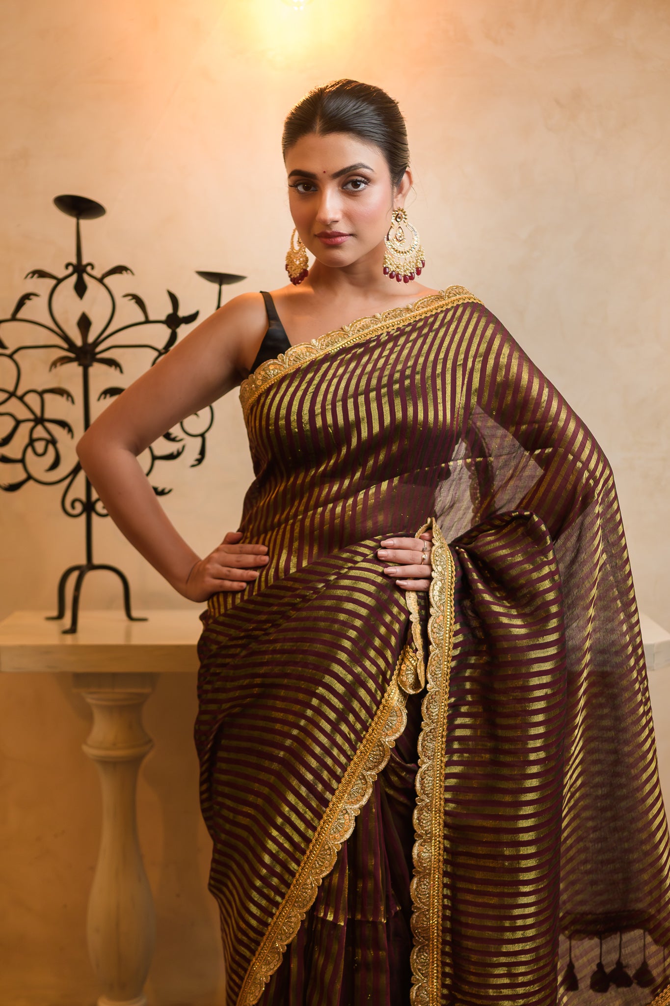 Maroon Zari Tissue Saree