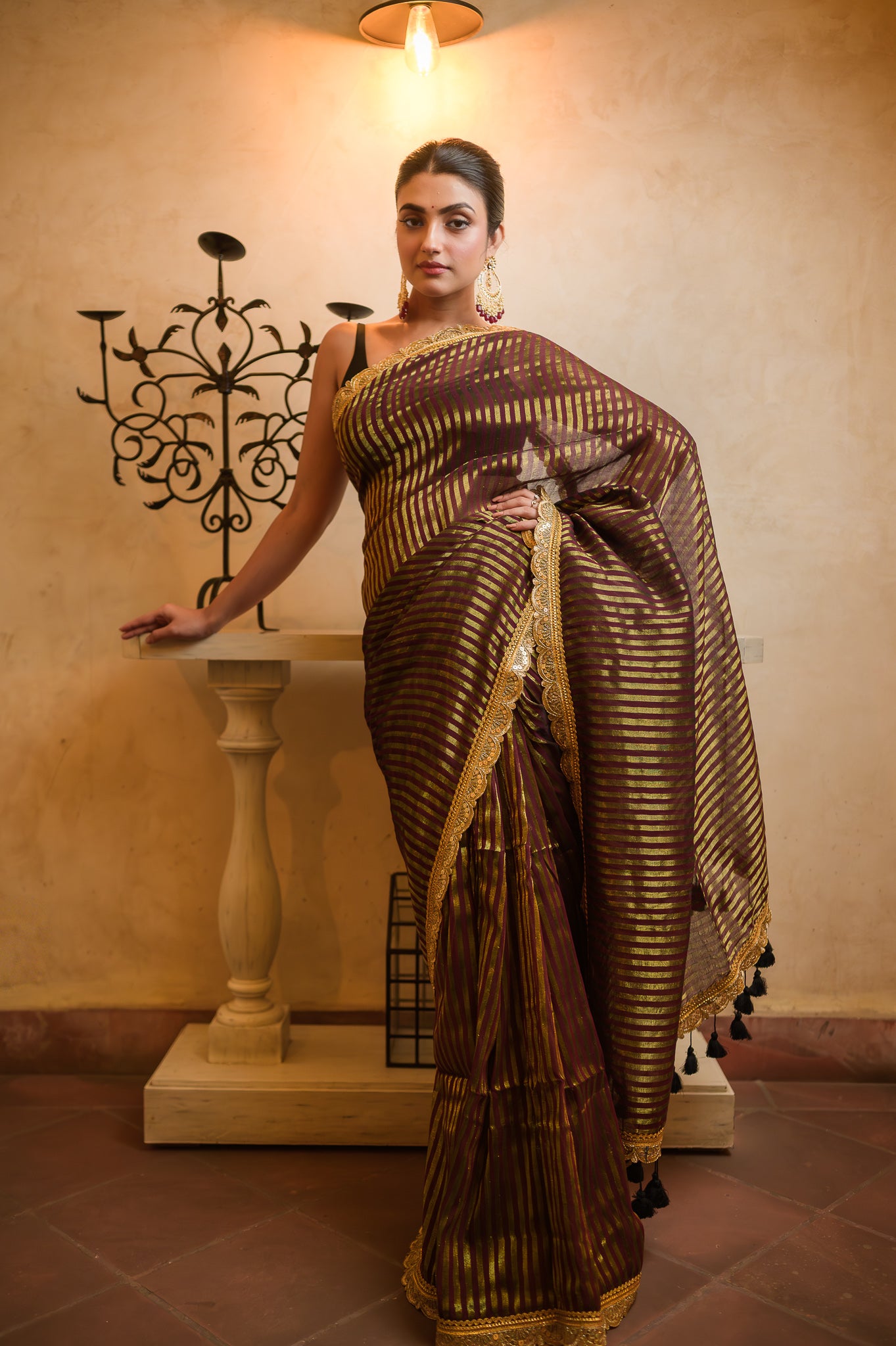 Maroon Zari Tissue Saree