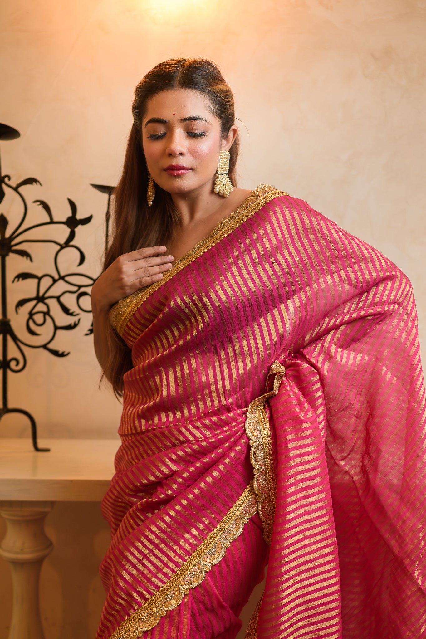 Pink Zari Tissue Saree