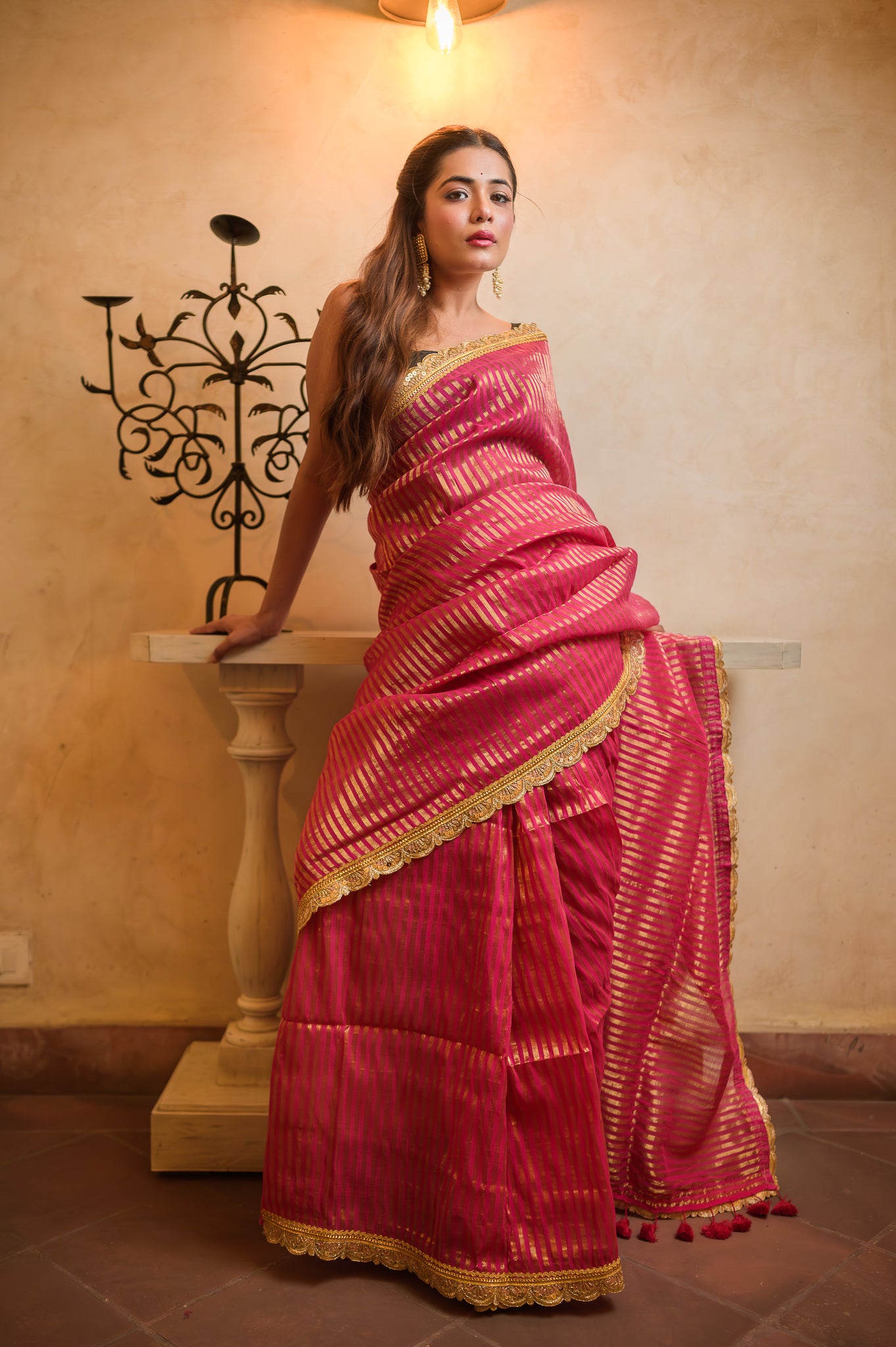 Pink Zari Tissue Saree