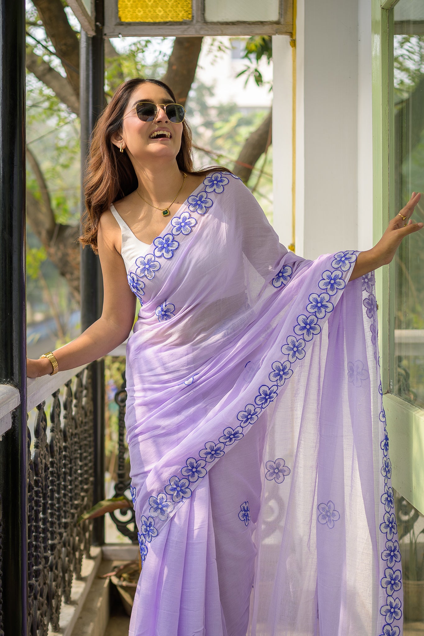 Lavender Floral Motif Mulmul Cotton Saree