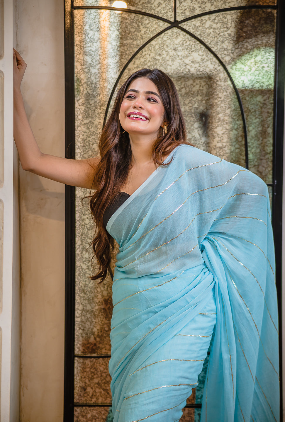 Sky Blue Sequined Mulmul Cotton Saree