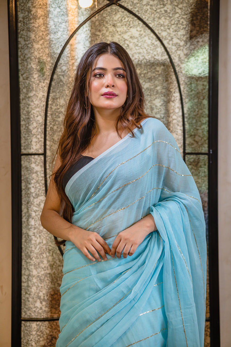 Sky Blue Sequined Mulmul Cotton Saree