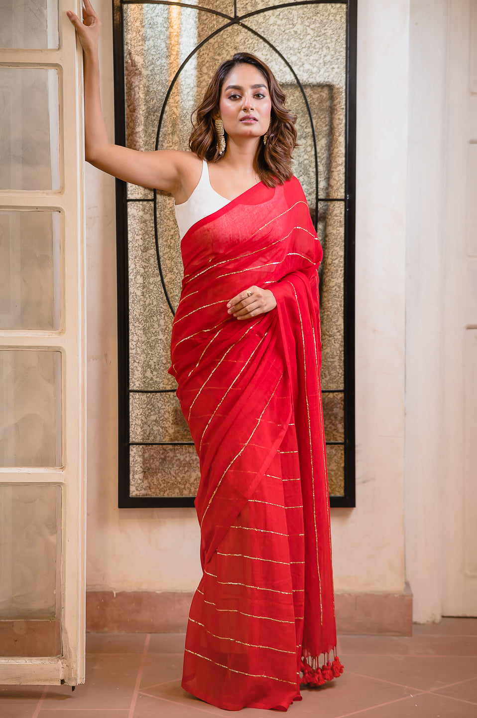 Red Sequined Mulmul Cotton Saree