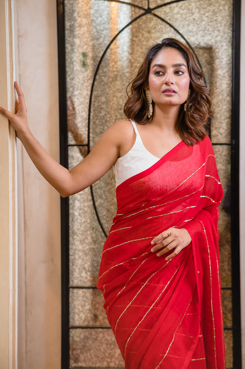 Red Sequined Mulmul Cotton Saree