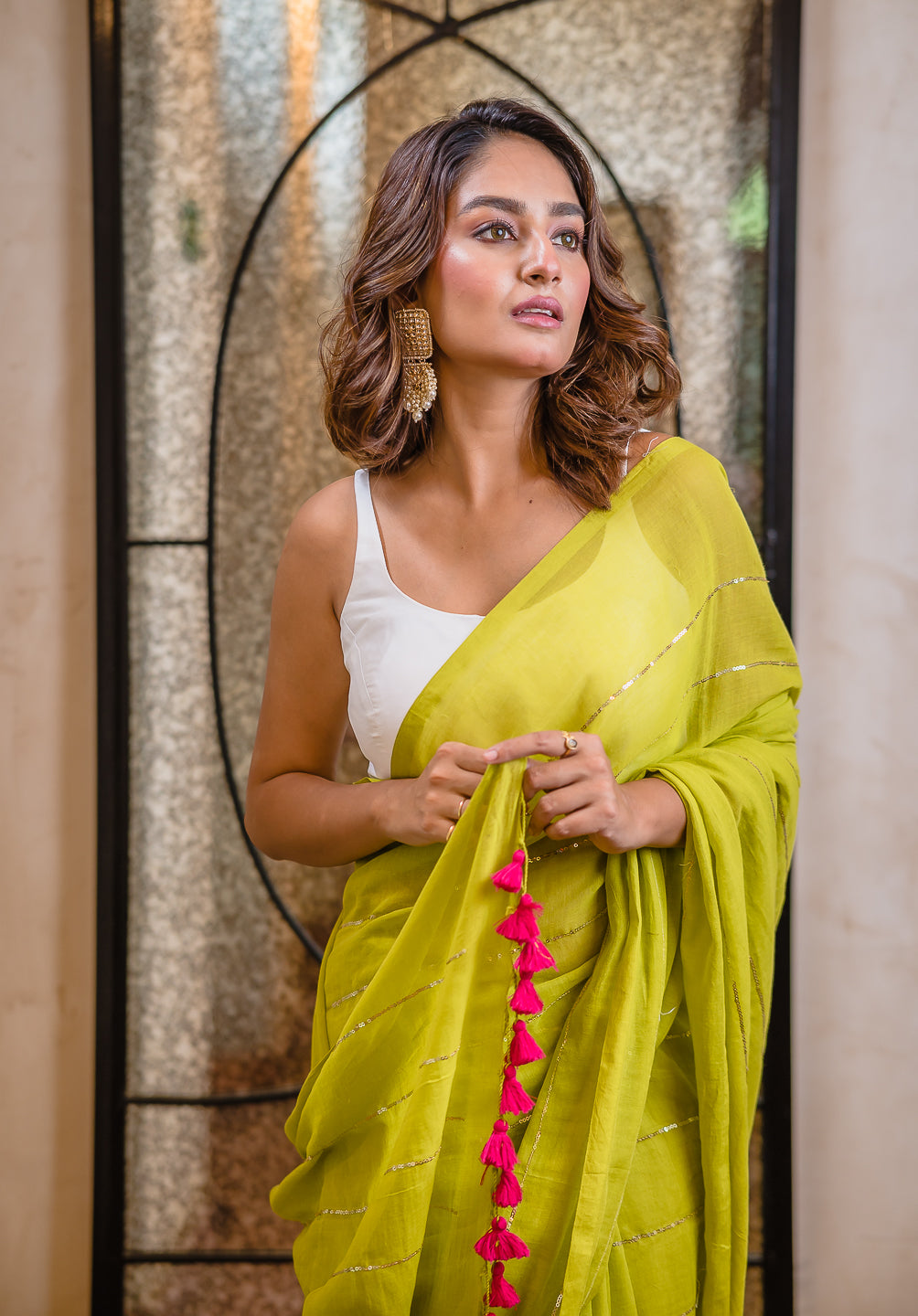 Lime Green Sequined Mulmul Cotton Saree