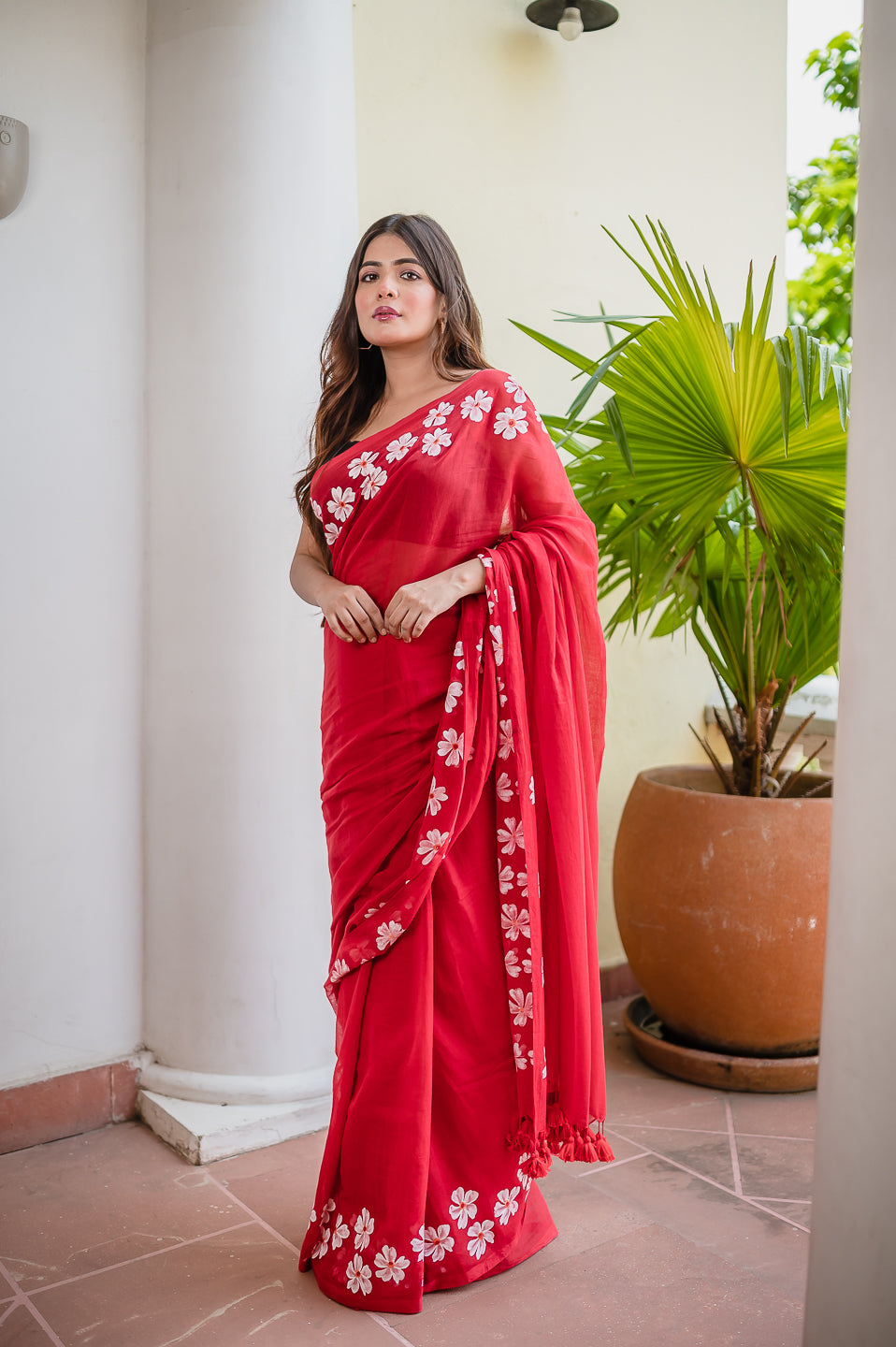 Red Hand Painted Mulmul Cotton Saree