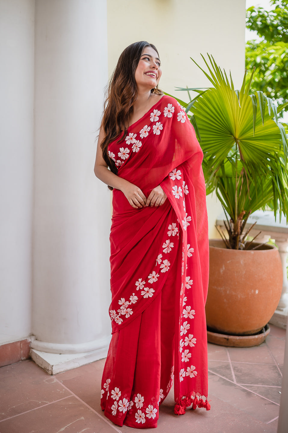 Red Hand Painted Mulmul Cotton Saree