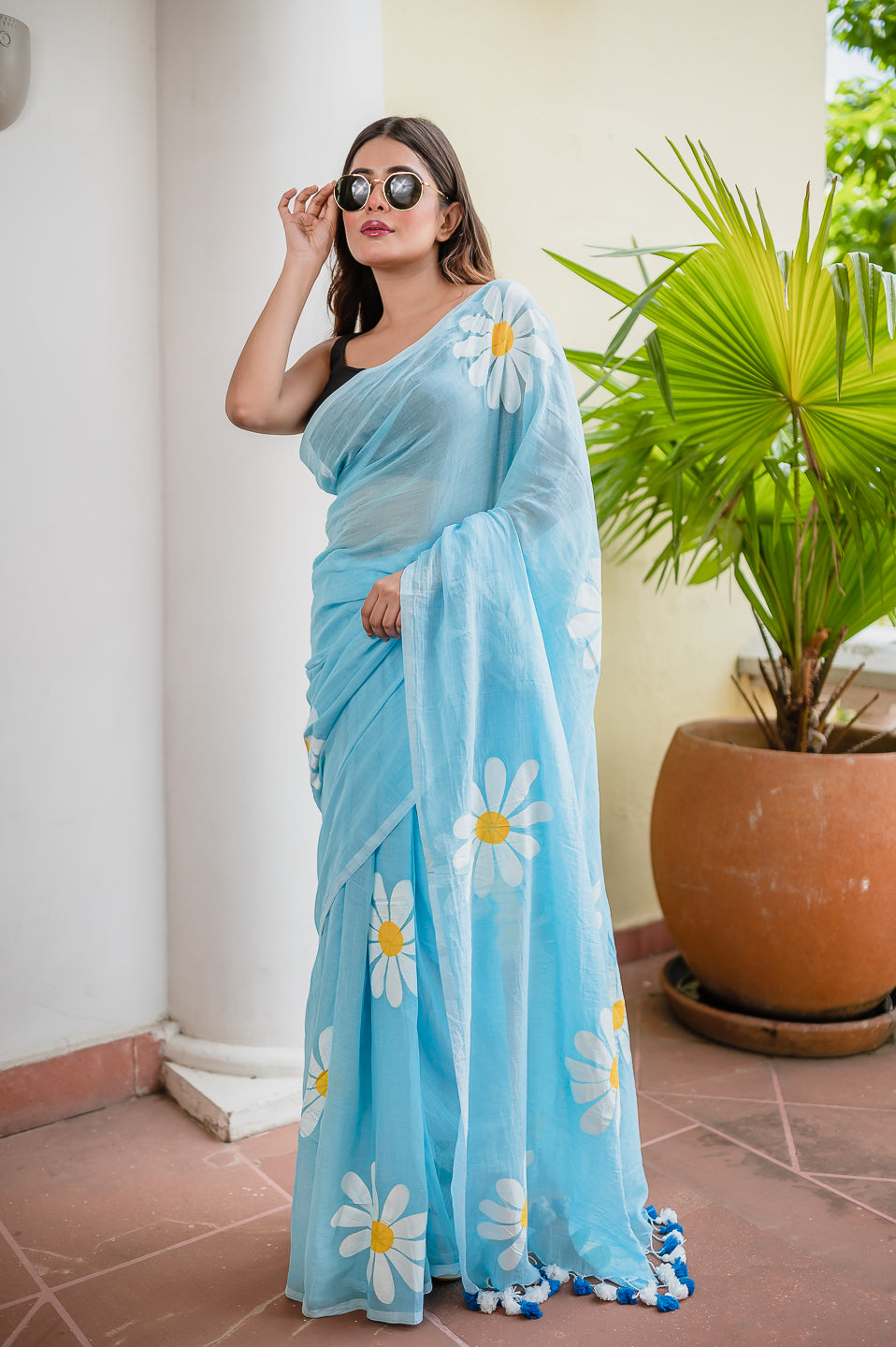Sky Blue Hand Painted Mulmul Cotton Saree