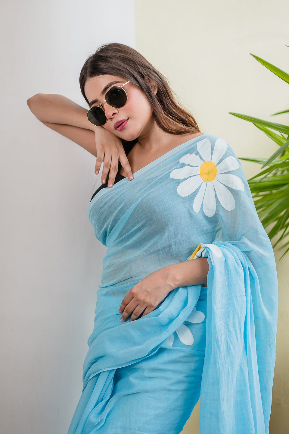 Sky Blue Hand Painted Mulmul Cotton Saree