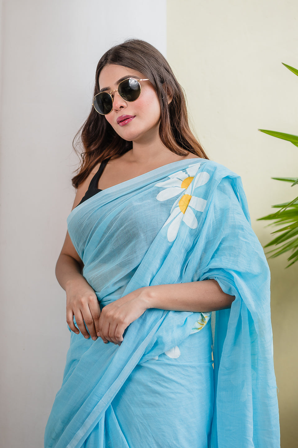 Sky Blue Hand Painted Mulmul Cotton Saree