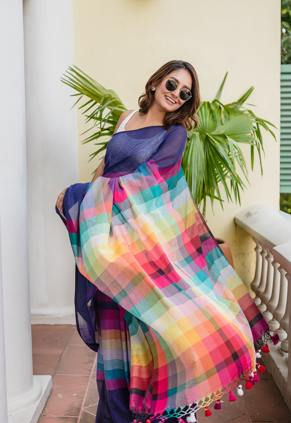 Navy Blue Mulmul Cotton Saree