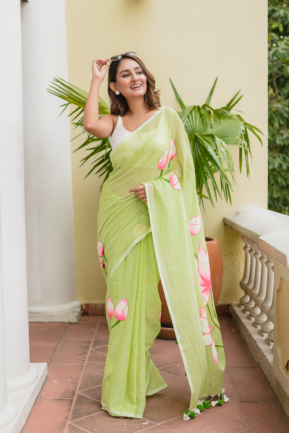 Lotus Hand Painted Mulmul Cotton Saree