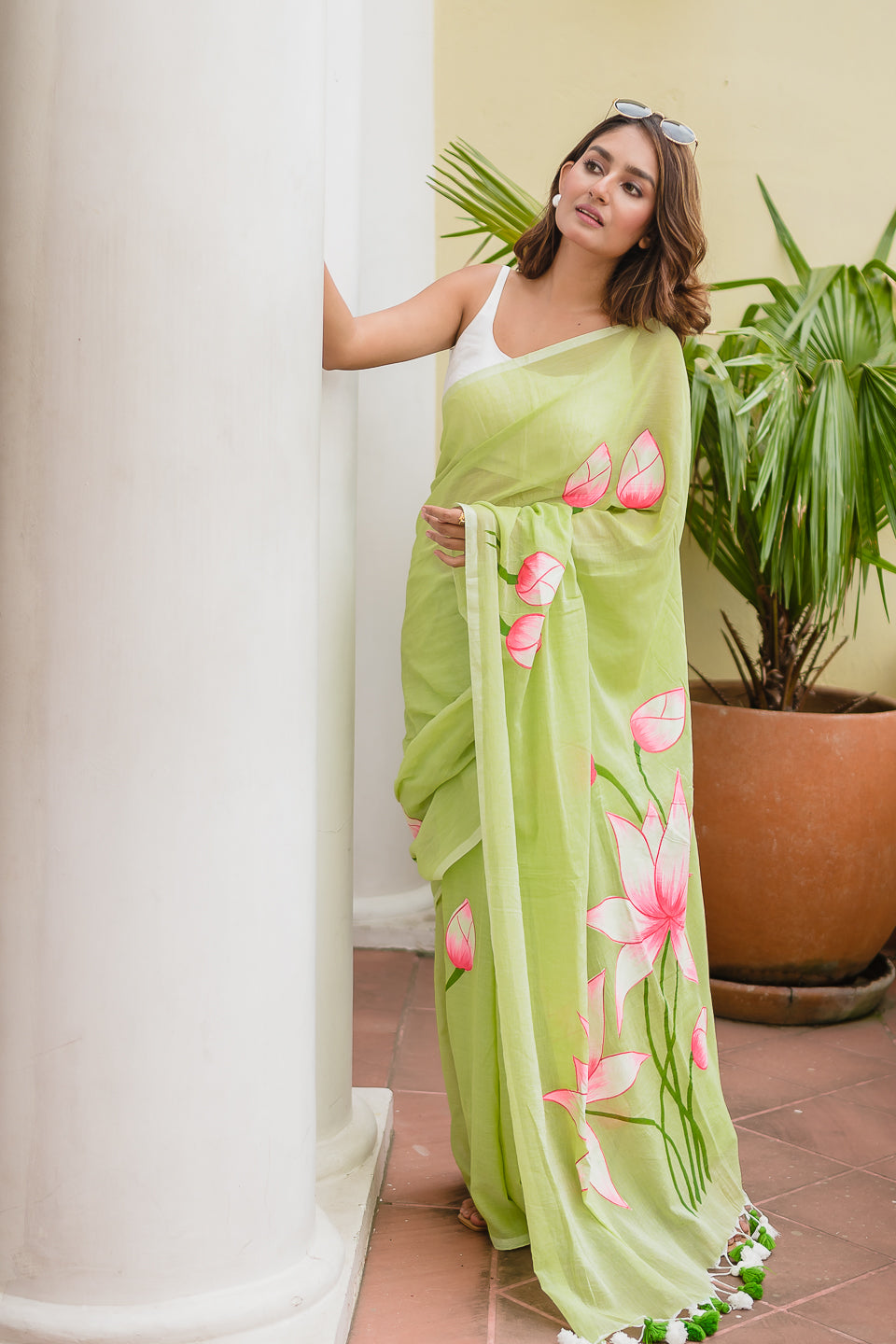 Lotus Hand Painted Mulmul Cotton Saree