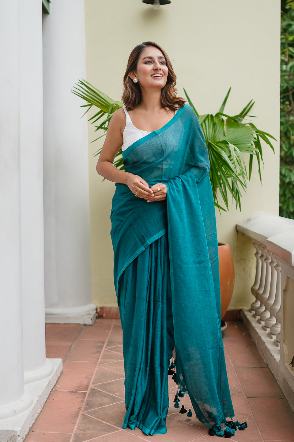 Turquoise Blue Mulmul Cotton Saree
