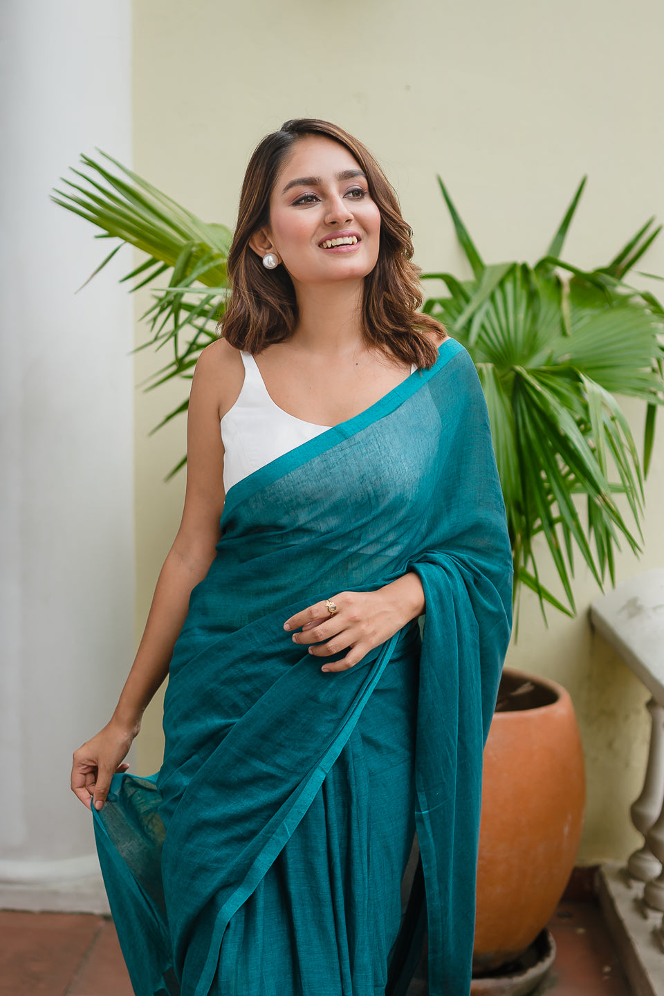 Turquoise Blue Mulmul Cotton Saree