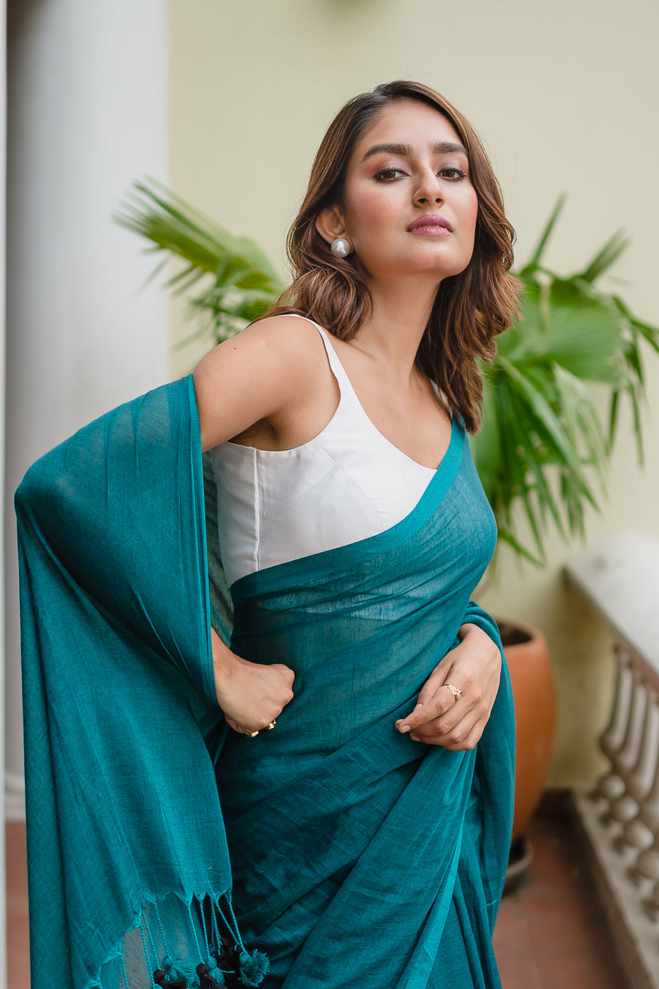 Turquoise Blue Mulmul Cotton Saree