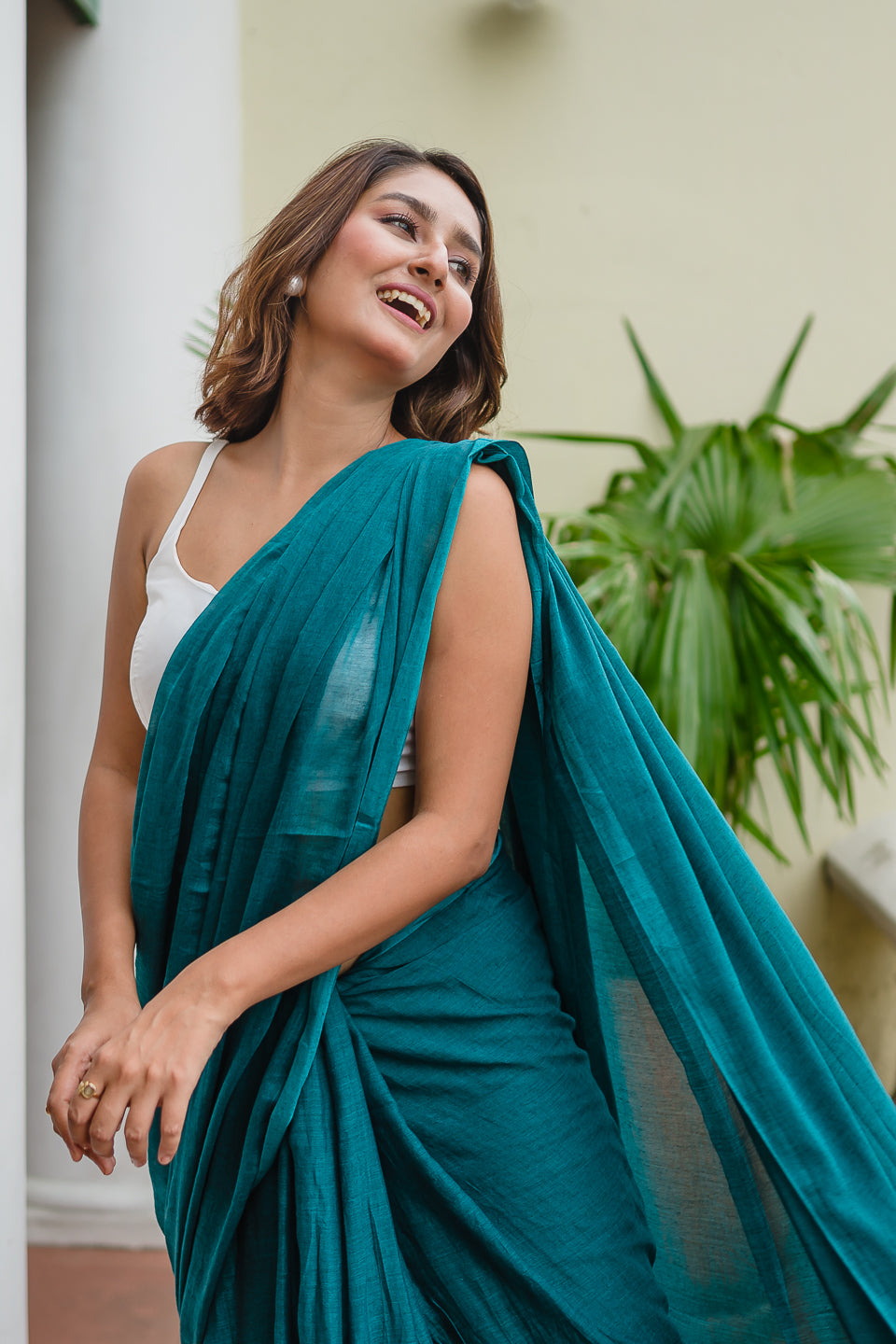 Turquoise Blue Mulmul Cotton Saree