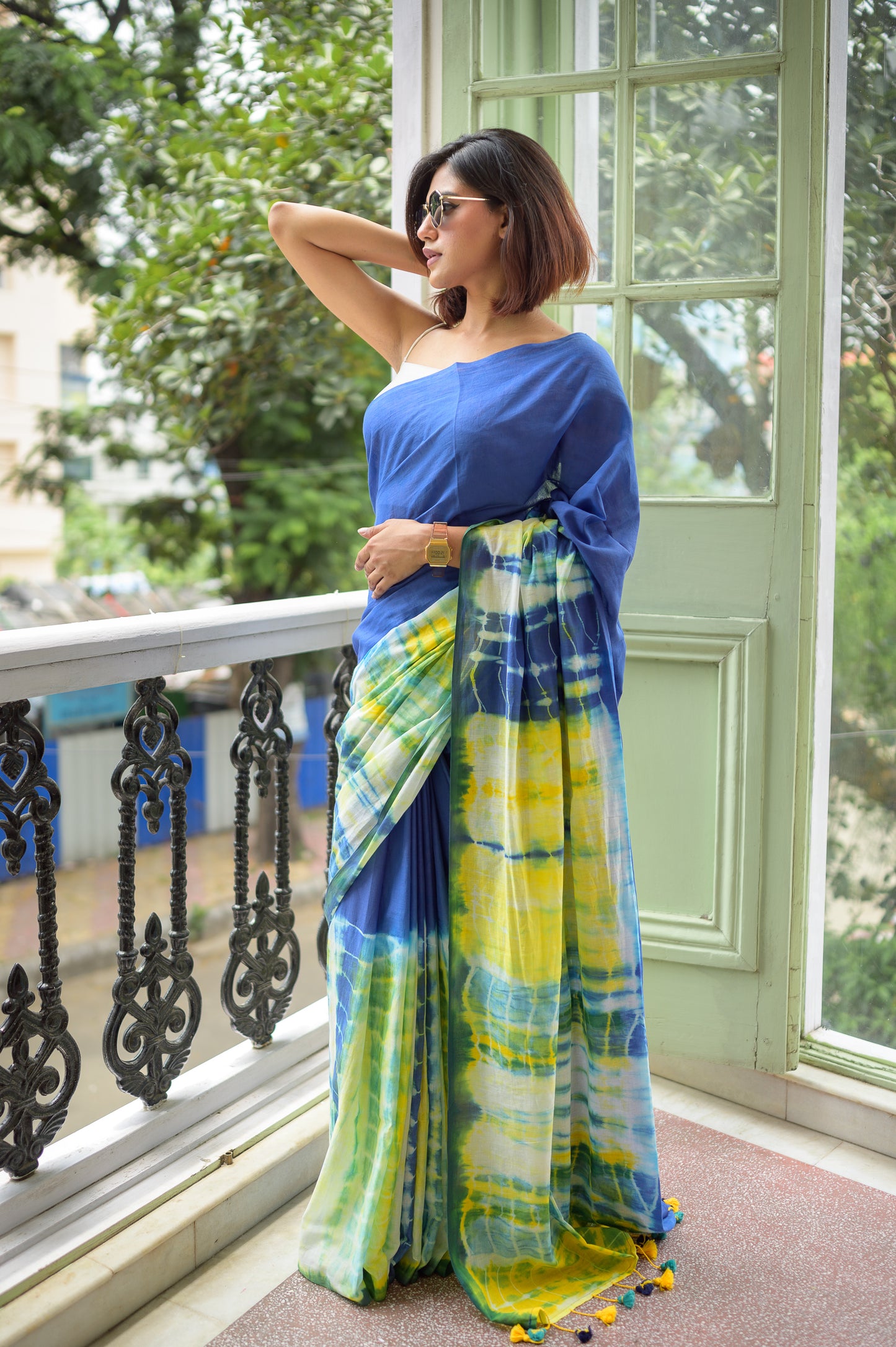Blue Tie and dye Mulmul Cotton Saree