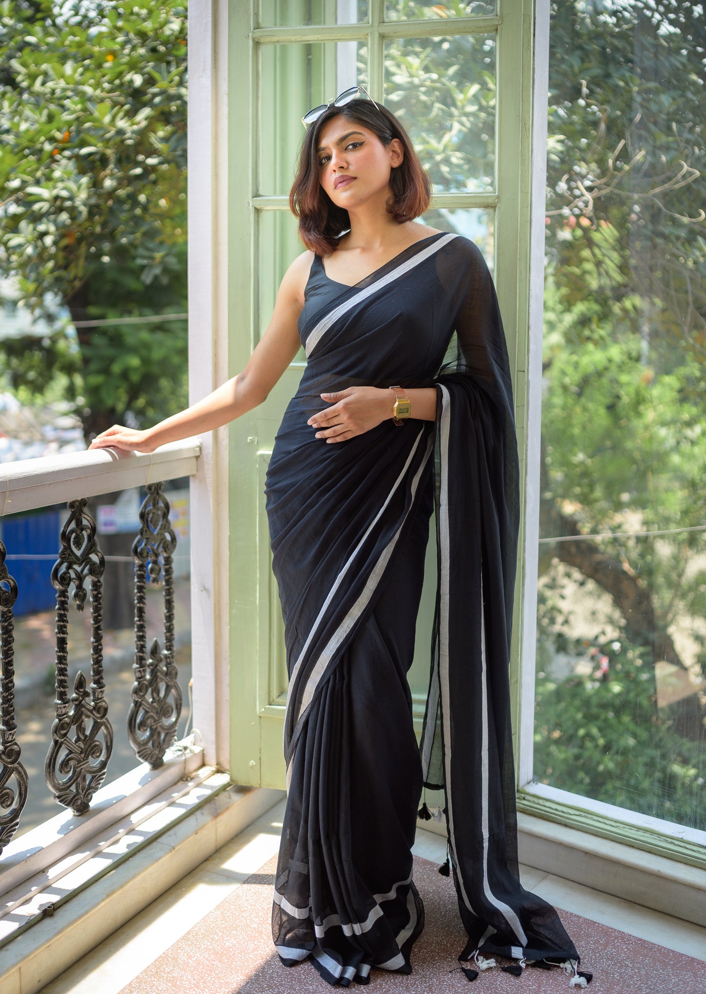 Black And White Mulmul Cotton Saree