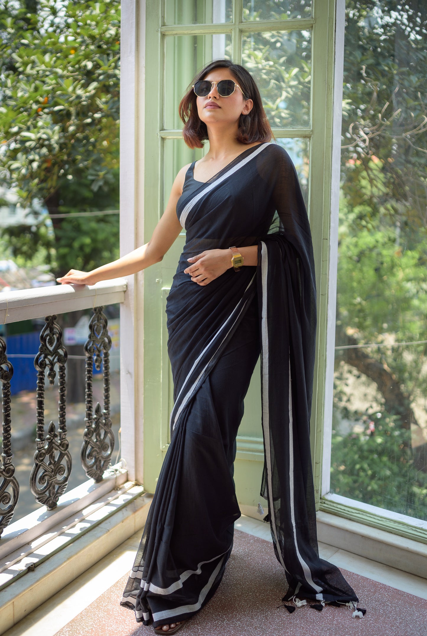 Black And White Mulmul Cotton Saree