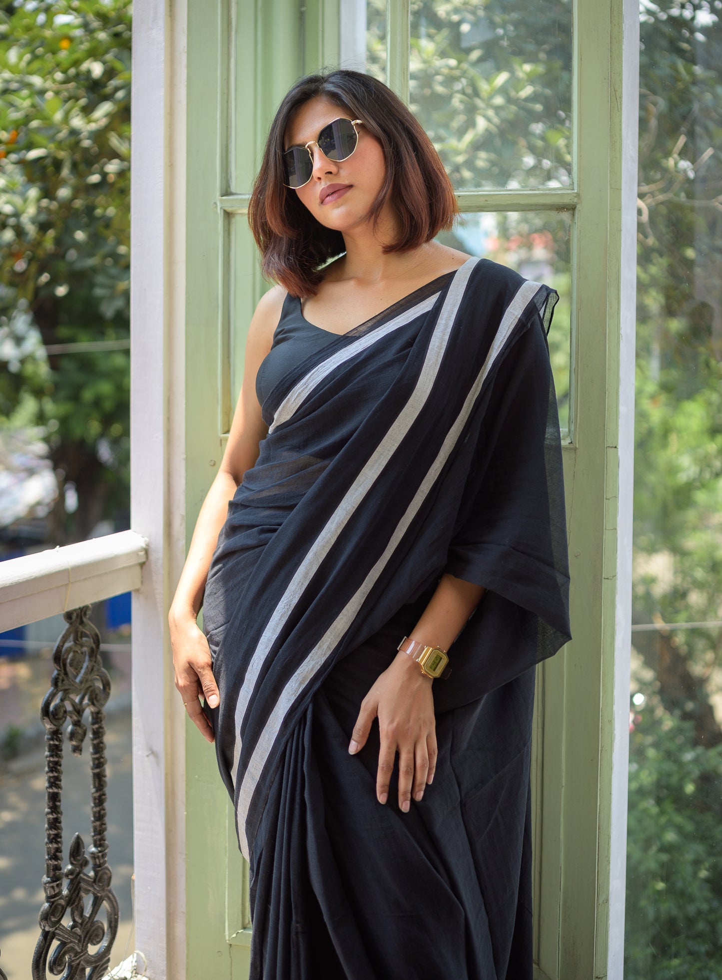 Black And White Mulmul Cotton Saree