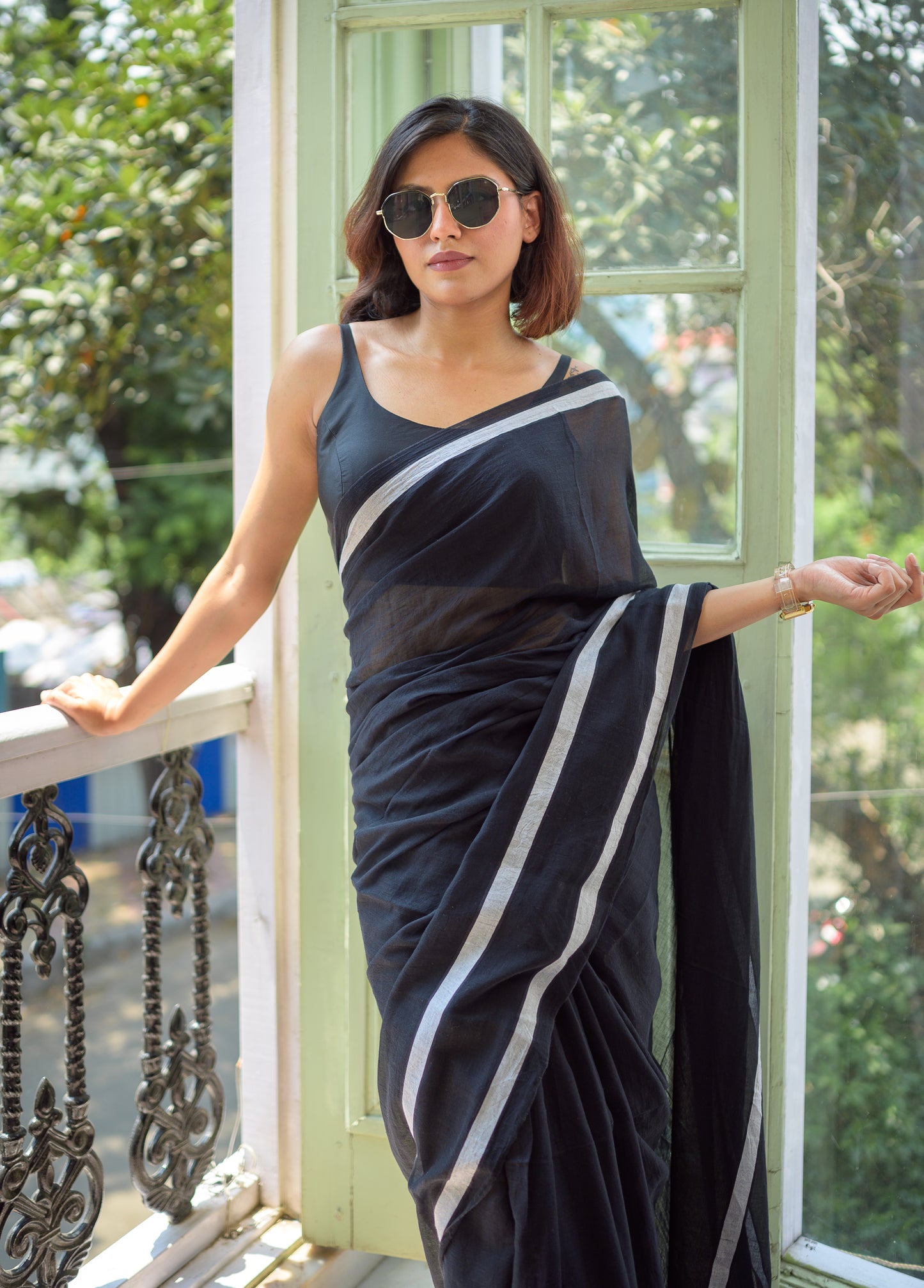 Black And White Mulmul Cotton Saree