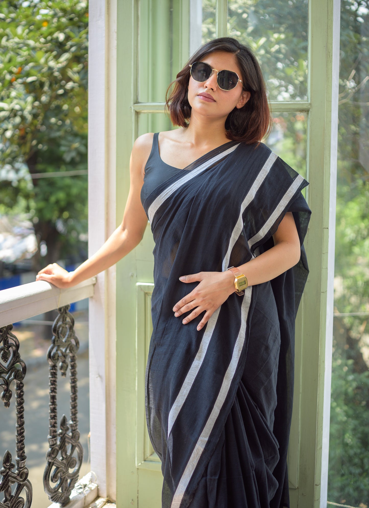 Black And White Mulmul Cotton Saree