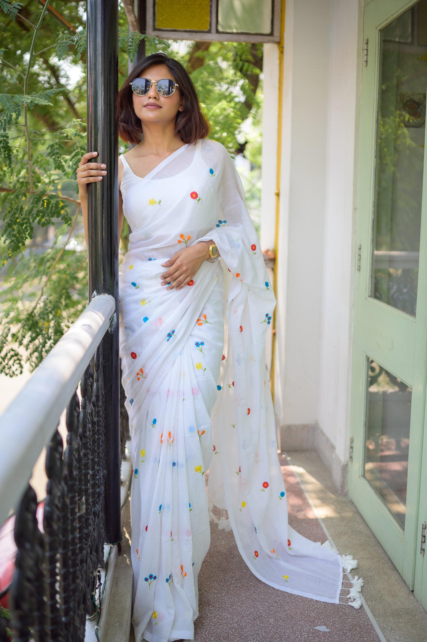 White Embroidered Mulmul Cotton Saree